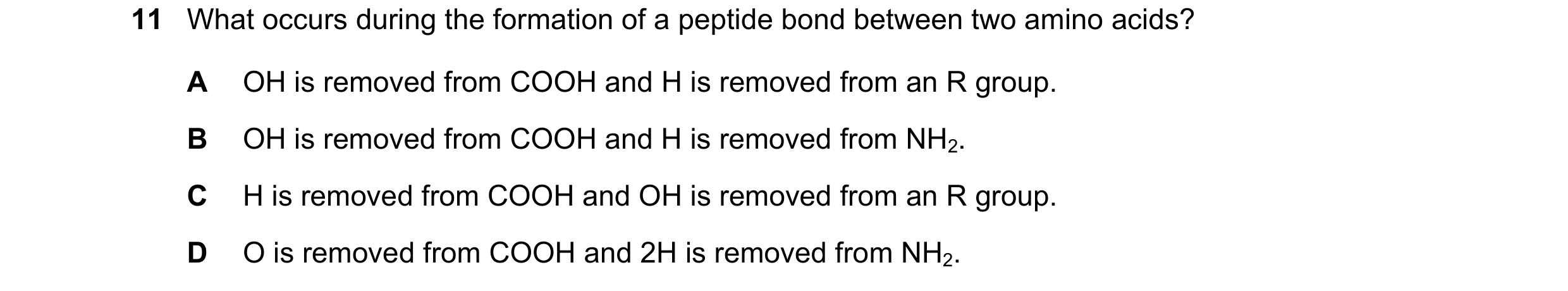 Question 166: What occurs during the formation of a peptide bond between two amino acids? A OH is removed from COOH and H is removed from an R group. B O…