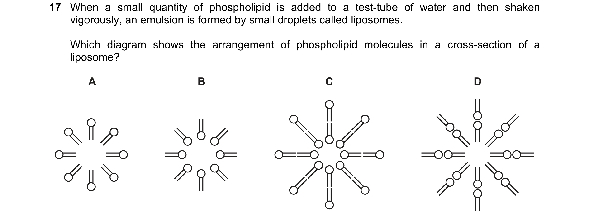 Question 105: When a small quantity of phospholipid is added to a test-tube of water and then shaken vigorously, an emulsion is formed by small droplets …