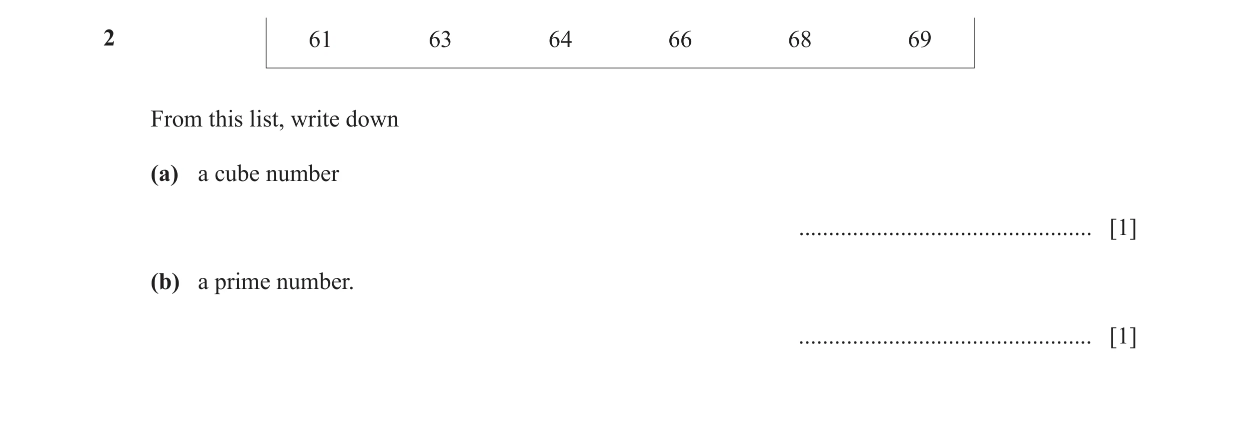 Question 54: 61 63 64 66 68 69 From this list, write down (a) a cube number ................................................. [1] (b) a prime number. ..…