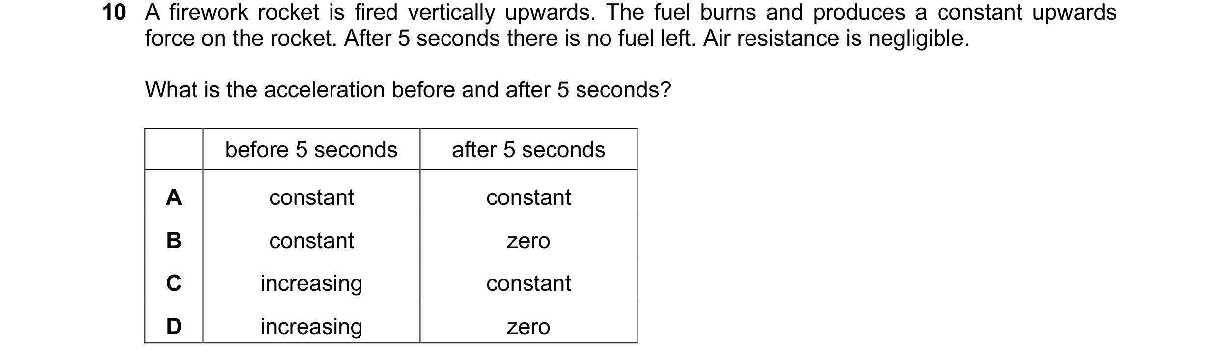 Question 60: A firework rocket is fired vertically upwards. The fuel burns and produces a constant upwards force on the rocket. After 5 seconds there is…