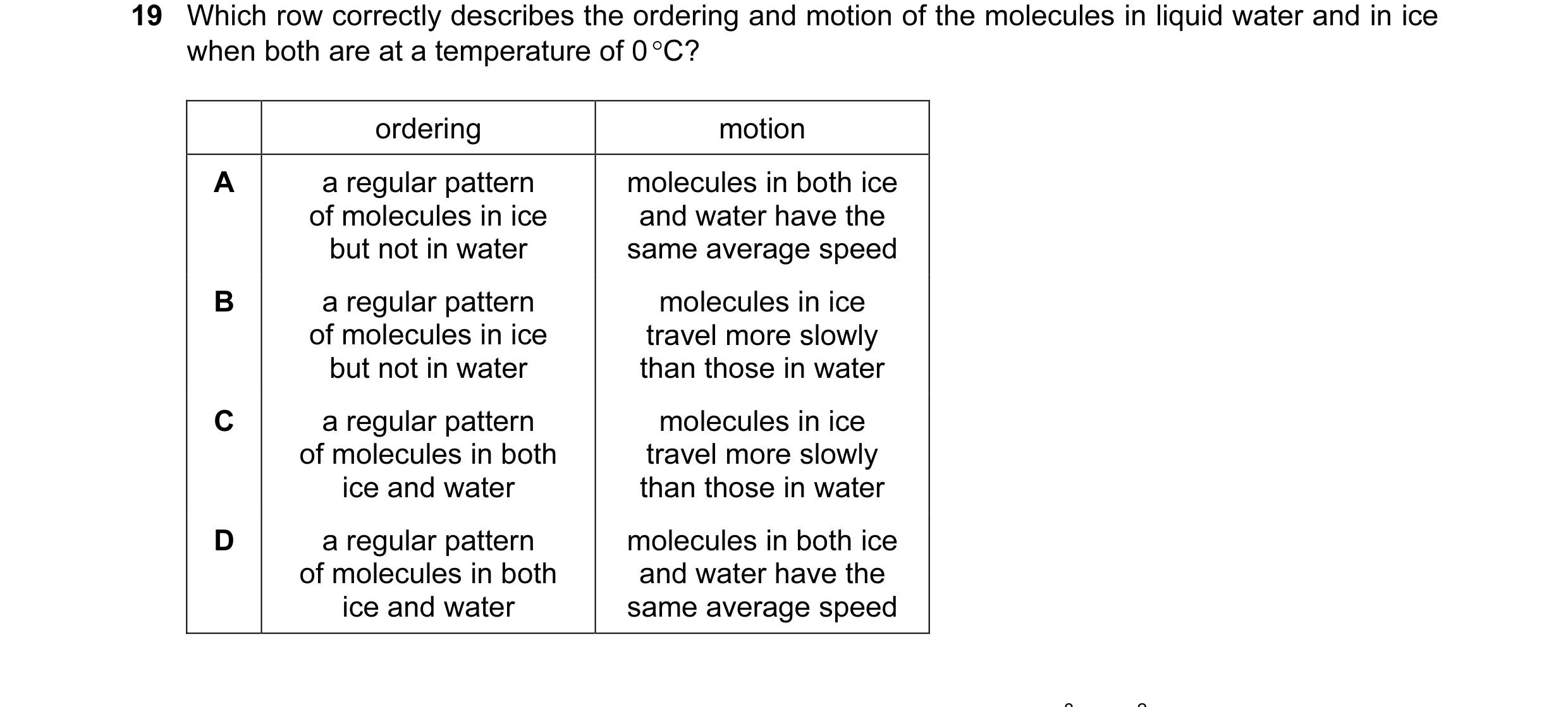 Question 36: Which row correctly describes the ordering and motion of the molecules in liquid water and in ice when both are at a temperature of 0 °C? o…