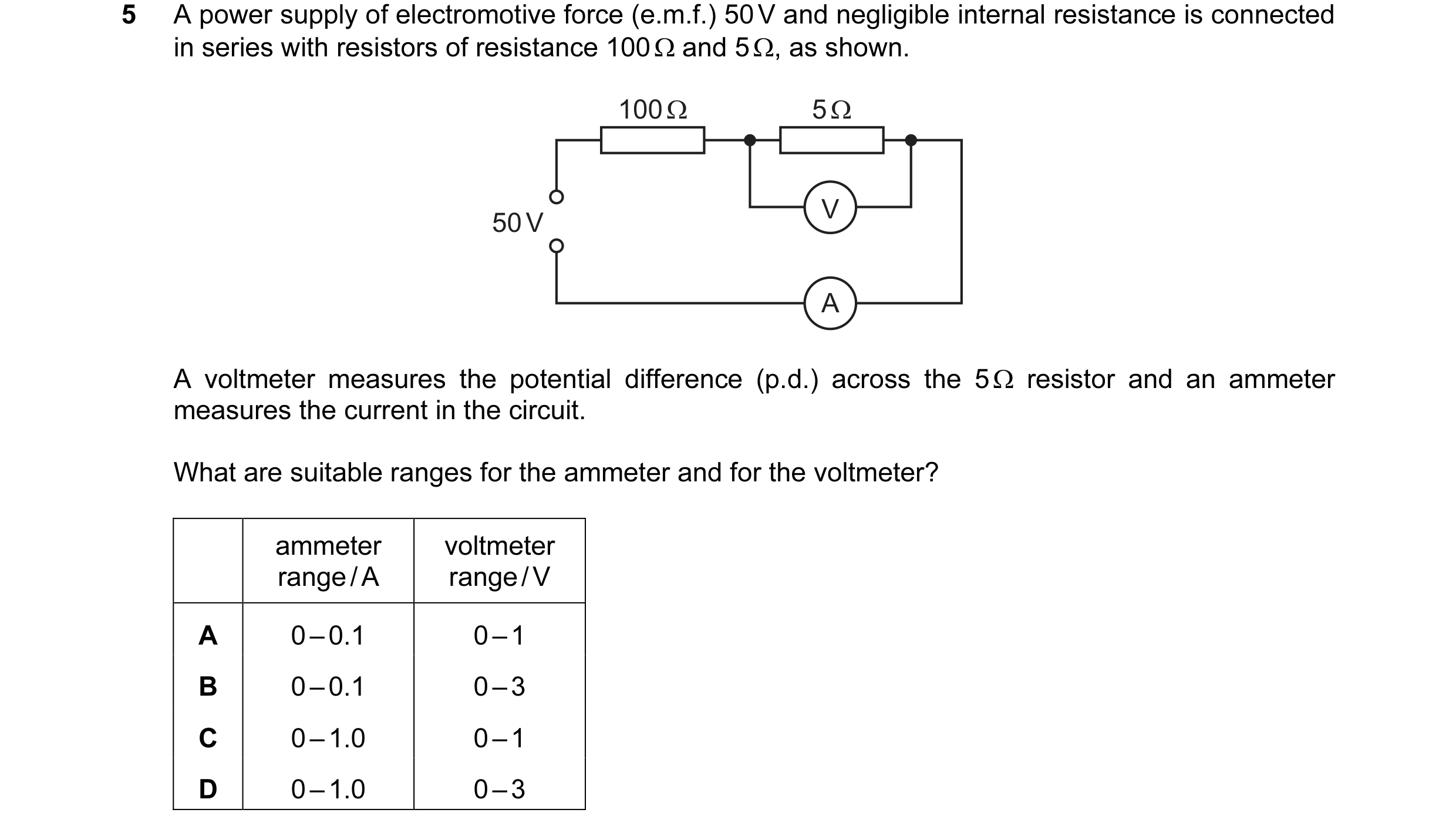 Question 90: A power supply of electromotive force (e.m.f.) 50 V and negligible internal resistance is connected in series with resistors of resistance …