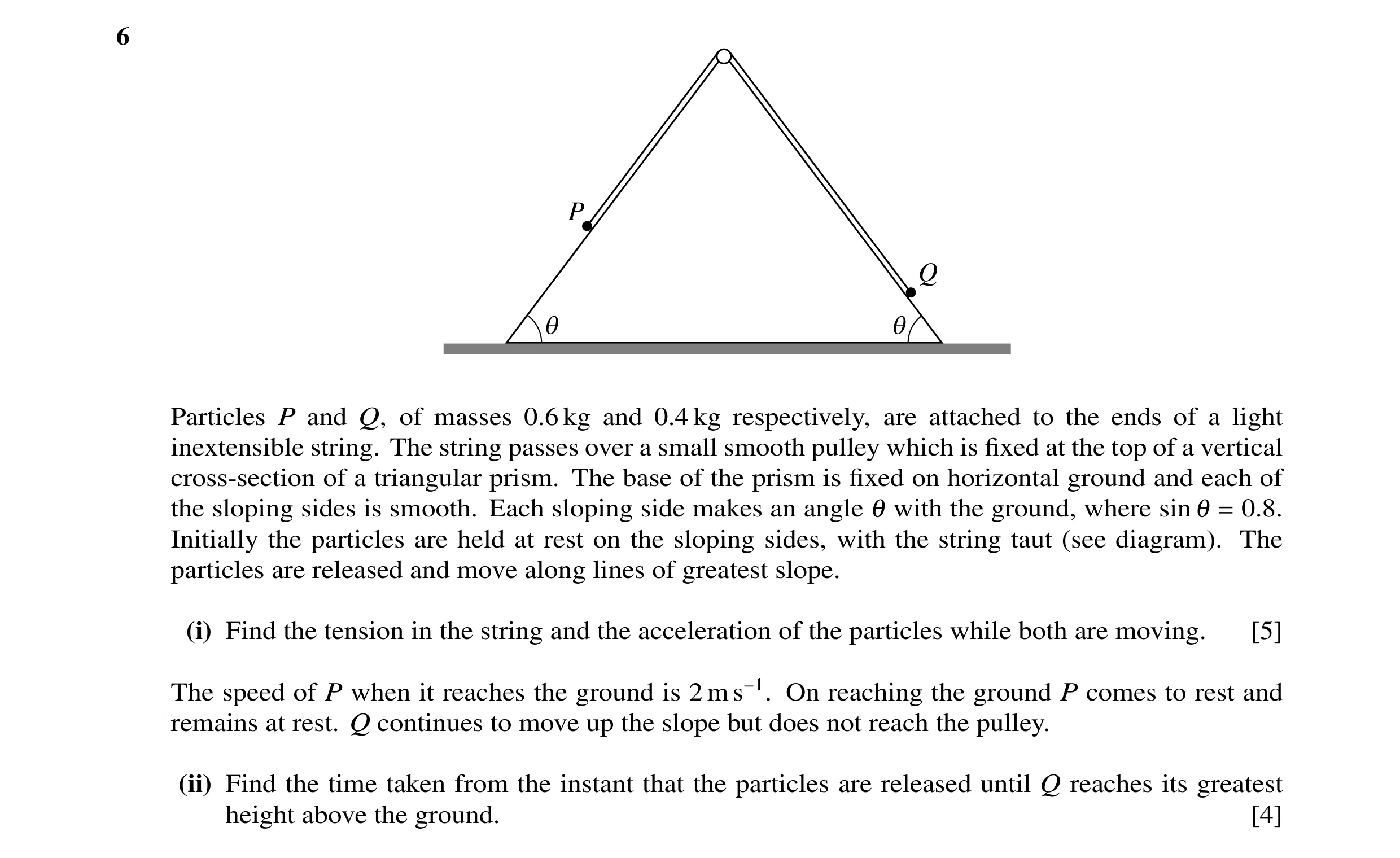 Question 76: P Q q q Particles P and Q, of masses 0.6 kg and 0.4 kg respectively, are attached to the ends of a light inextensible string. The string pa…