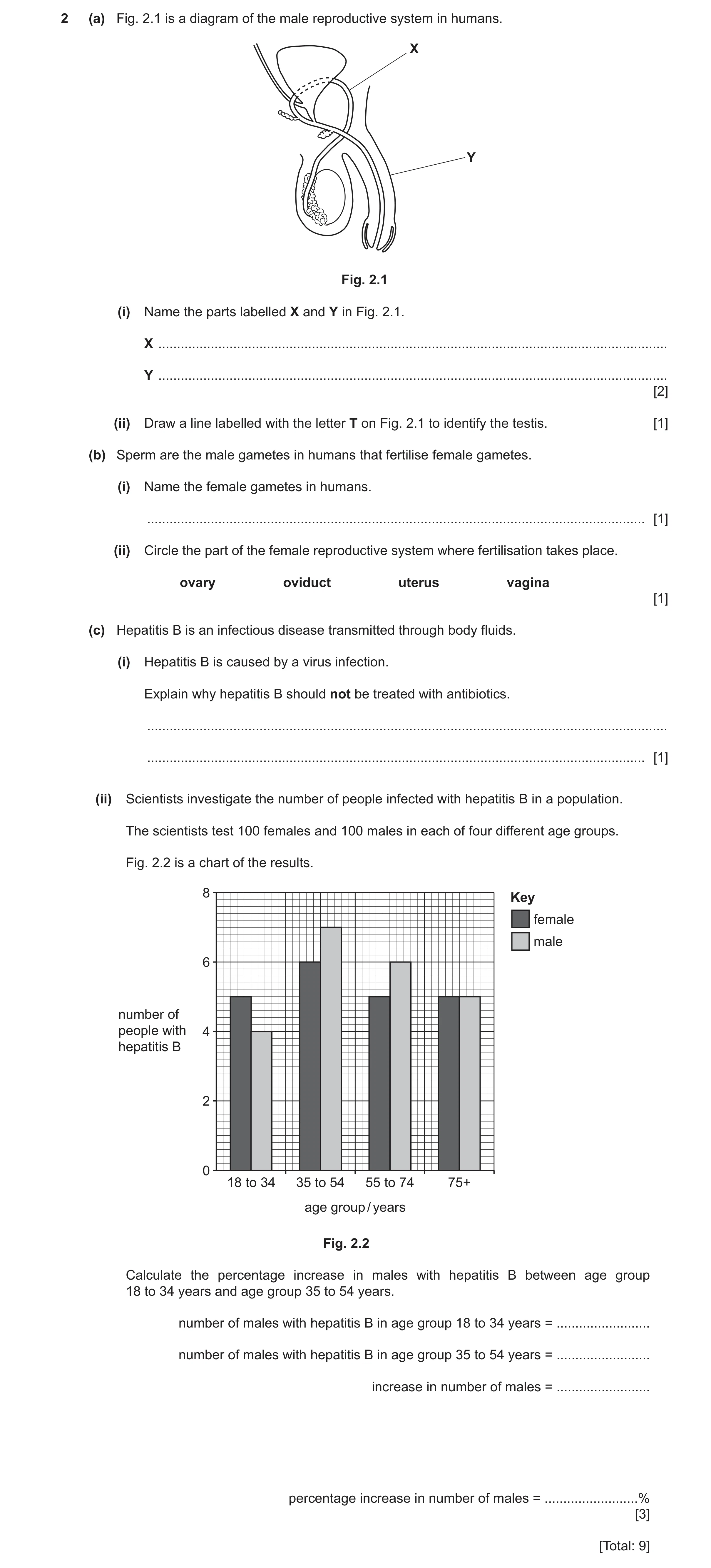 Question 14: (a) Fig. 2.1 is a diagram of the male reproductive system in humans. X Y Fig. 2.1 (i) Name the parts labelled X and Y in Fig. 2.1. X ......…