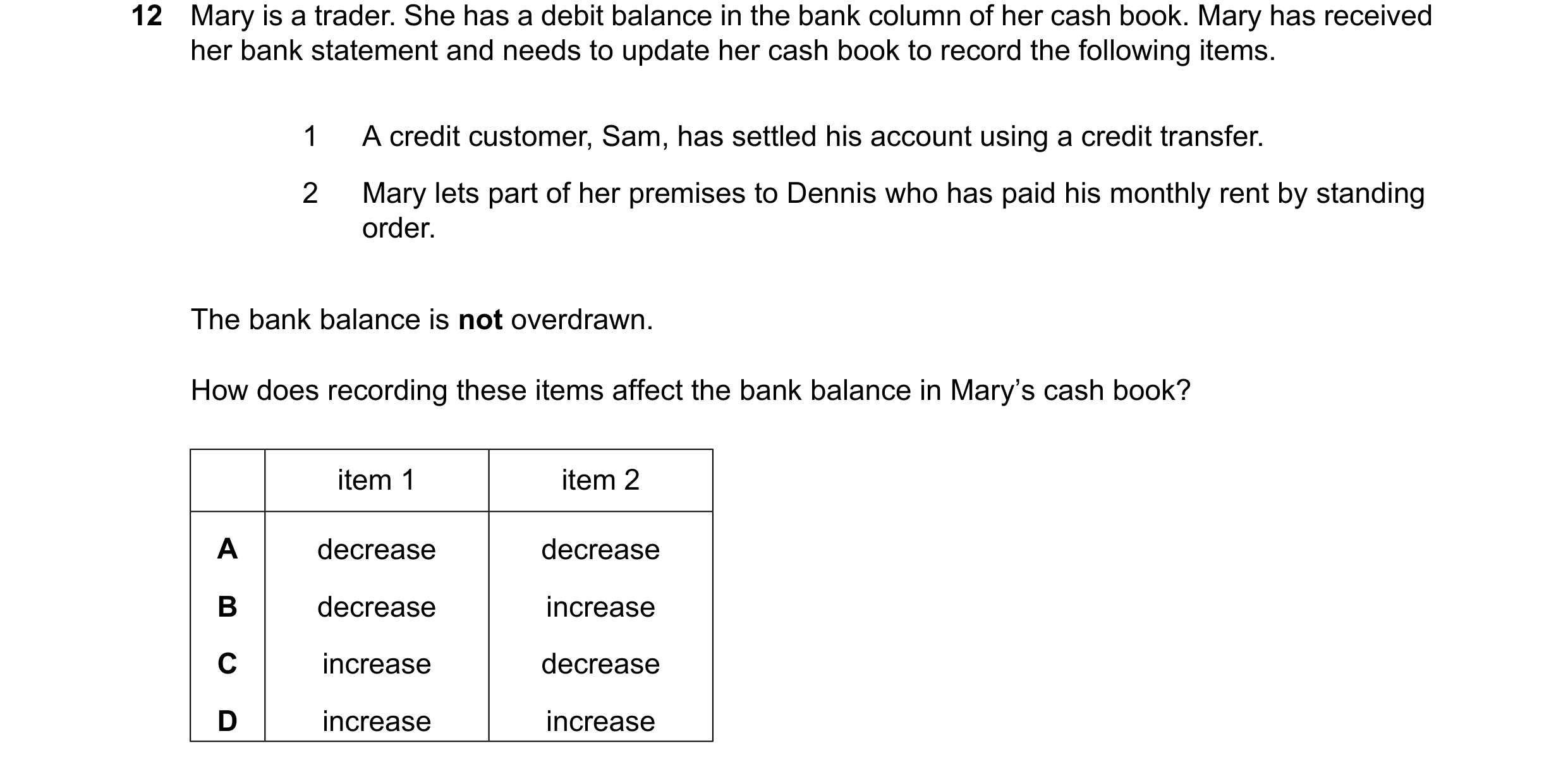 Question 37: Mary is a trader. She has a debit balance in the bank column of her cash book. Mary has received her bank statement and needs to update her…
