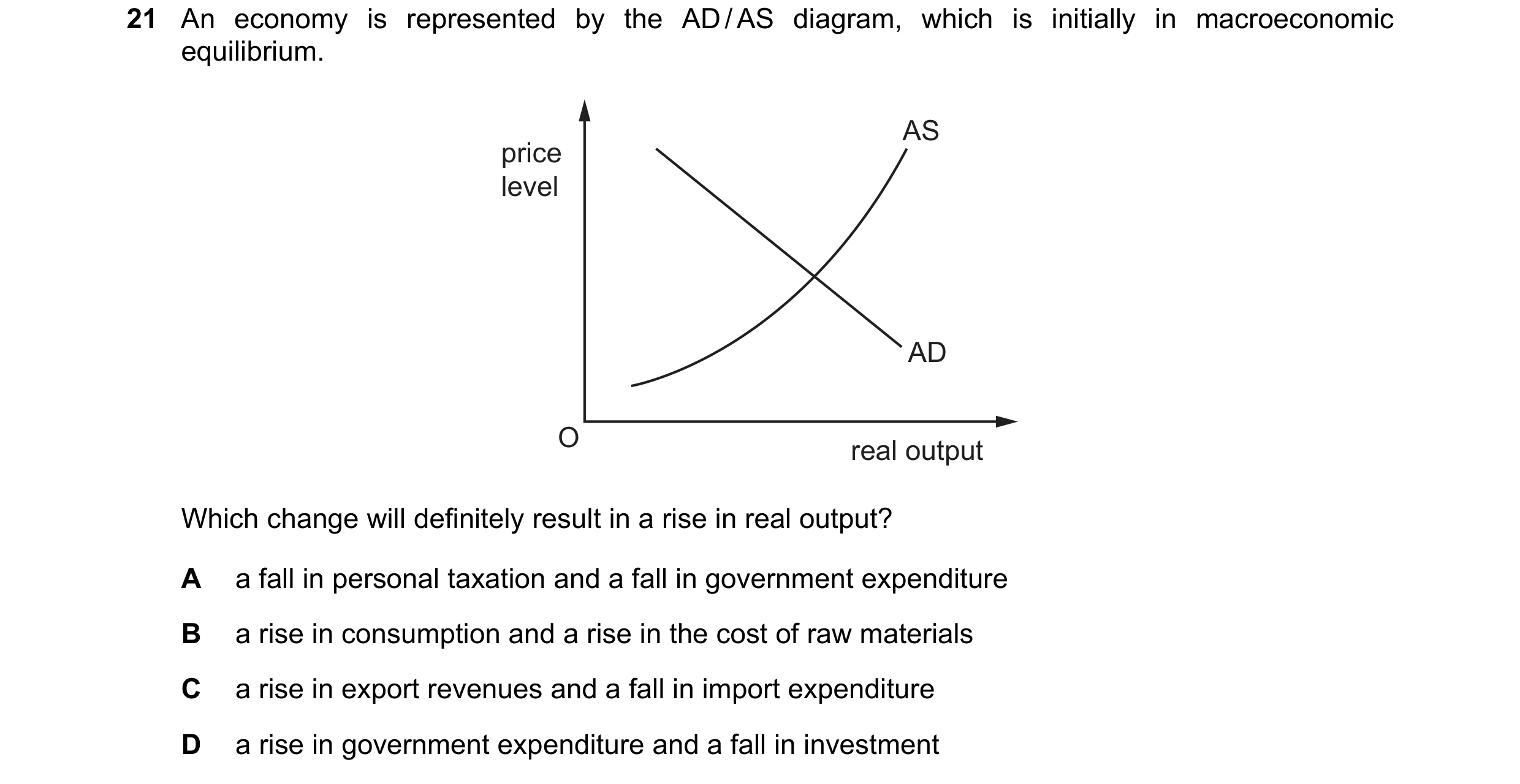 Question 87: An economy is represented by the AD / AS diagram, which is initially in macroeconomic equilibrium. AS price level AD O real output Which ch…