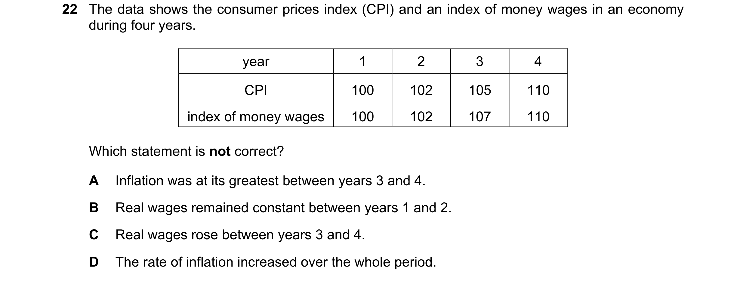 Question 161: The data shows the consumer prices index (CPI) and an index of money wages in an economy during four years. year 1 2 3 4 CPI 100 102 105 11…