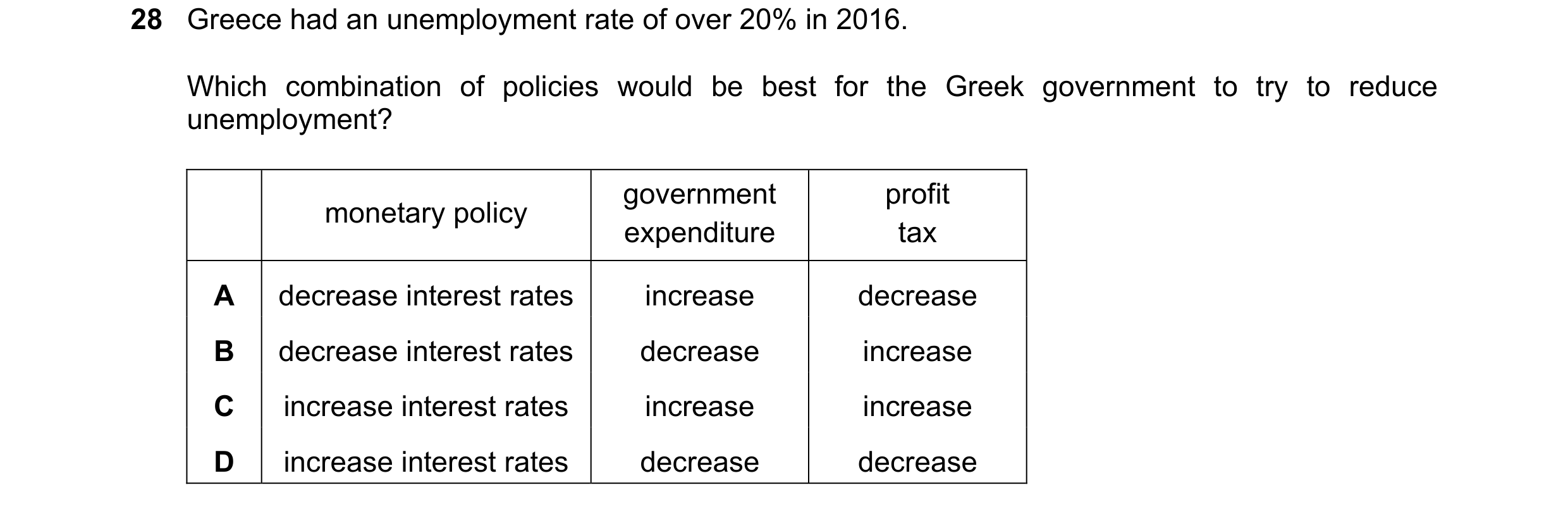 Question 53: Greece had an unemployment rate of over 20% in 2016. Which combination of policies would be best for the Greek government to try to reduce …