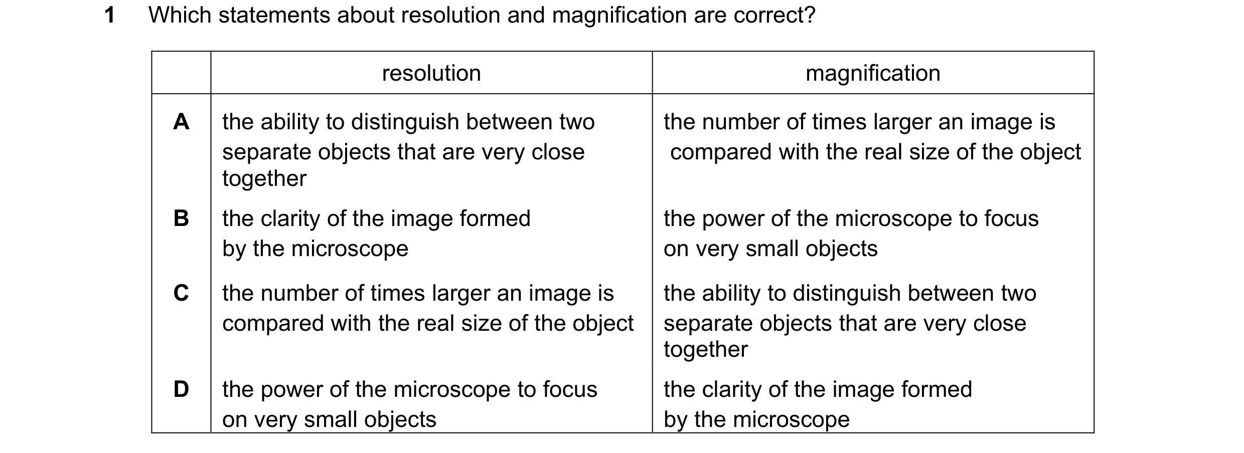 Question 111: Which statements about resolution and magnification are correct? resolution magnification A the ability to distinguish between two the numb…