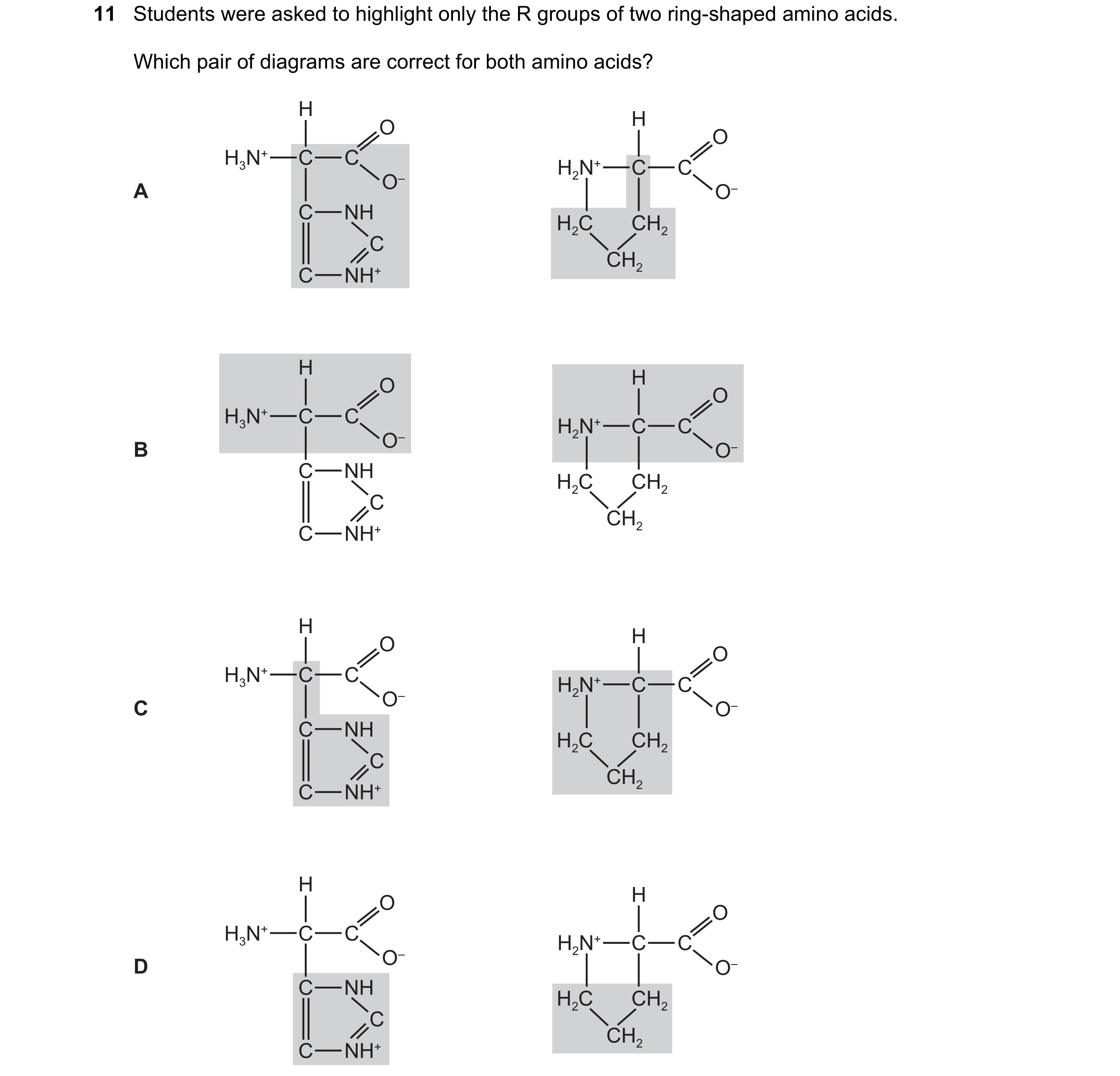 Question 133: Students were asked to highlight only the R groups of two ring-shaped amino acids. Which pair of diagrams are correct for both amino acids?…