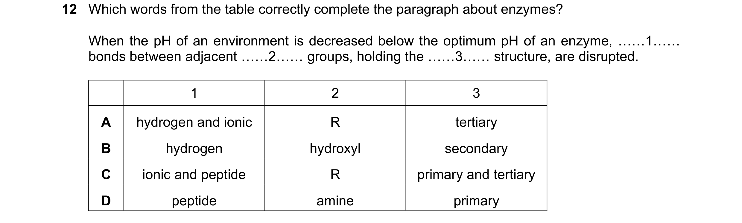 Question 134: Which words from the table correctly complete the paragraph about enzymes? When the pH of an environment is decreased below the optimum pH …