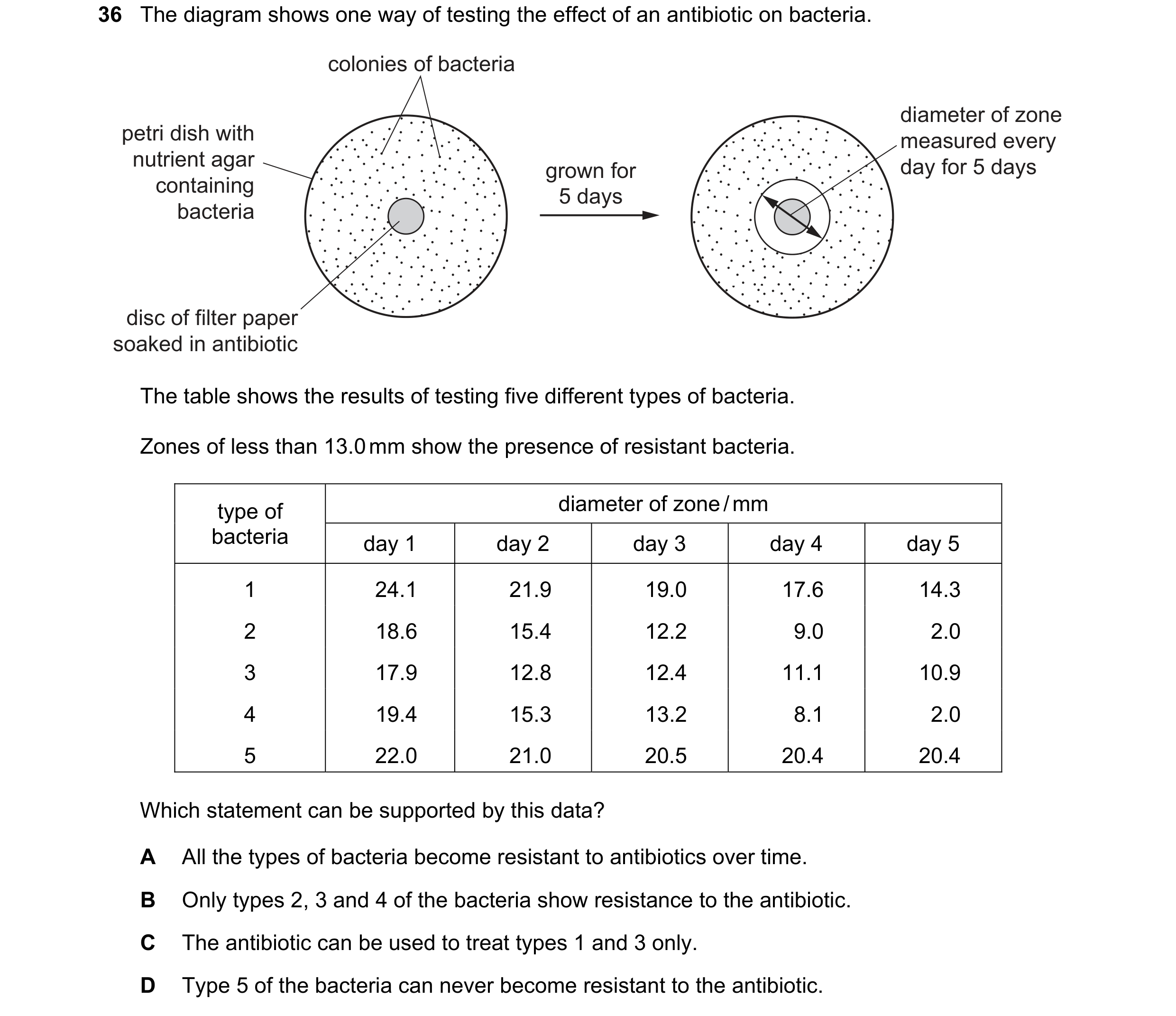 Question 38: The diagram shows one way of testing the effect of an antibiotic on bacteria. colonies of bacteria diameter of zone petri dish with measure…