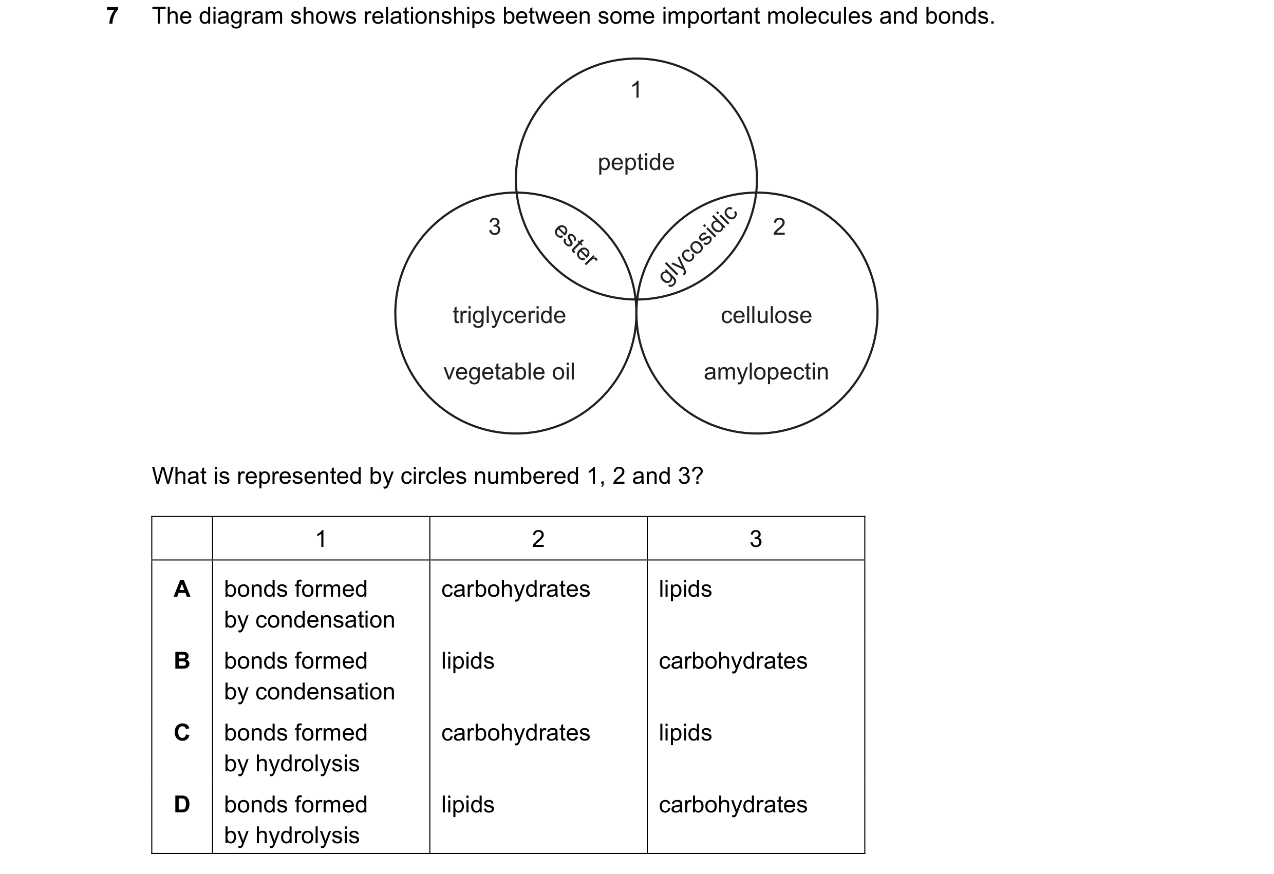 Question 131: The diagram shows relationships between some important molecules and bonds. 1 peptide glycosidic 3 ester 2 triglyceride cellulose vegetable…