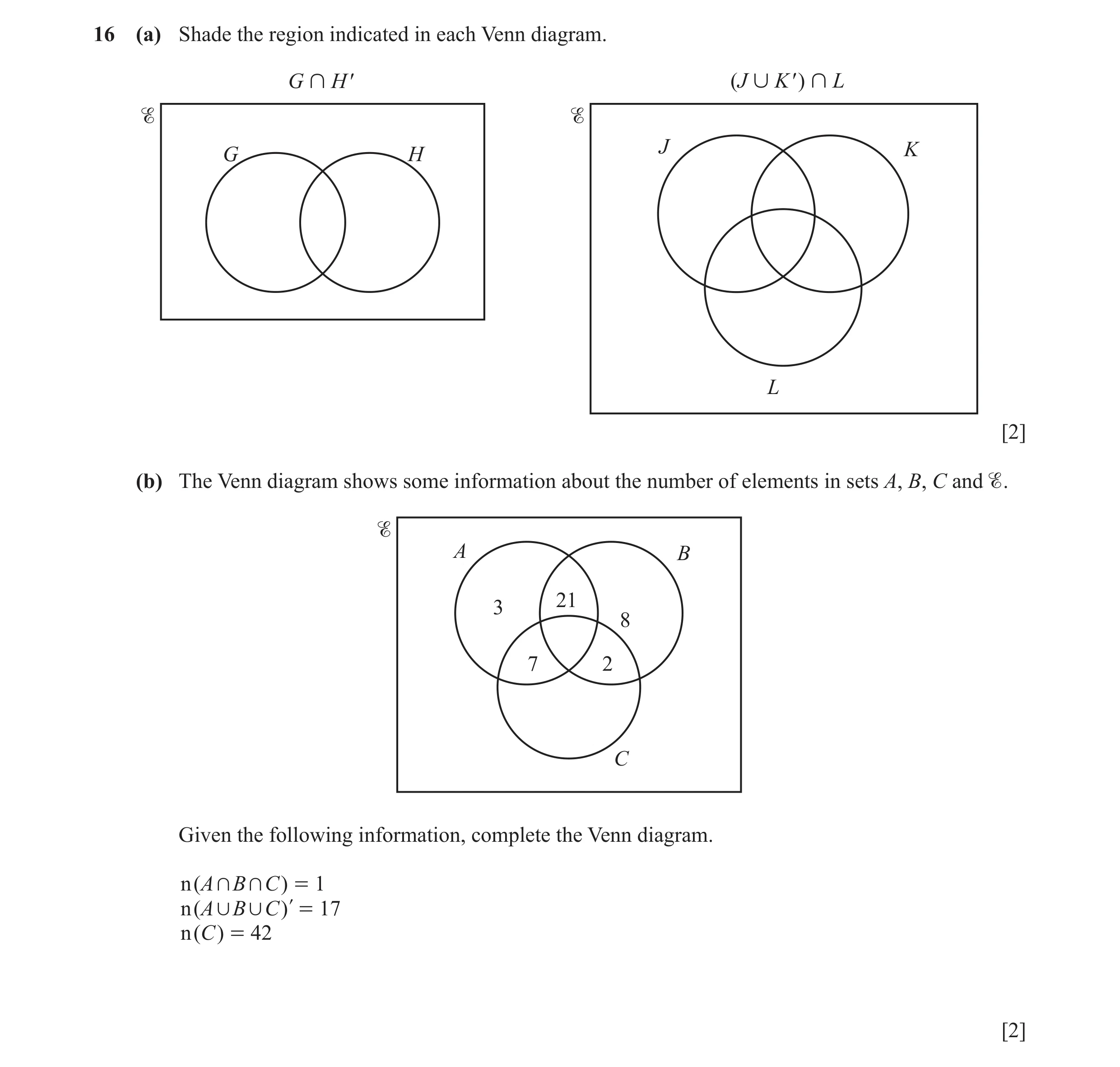 Question 44: (a) Shade the region indicated in each Venn diagram. G ∩ H ′ (J ∪ K ′ ) ∩ L J K G H L [2] (b) The Venn diagram shows some information about…