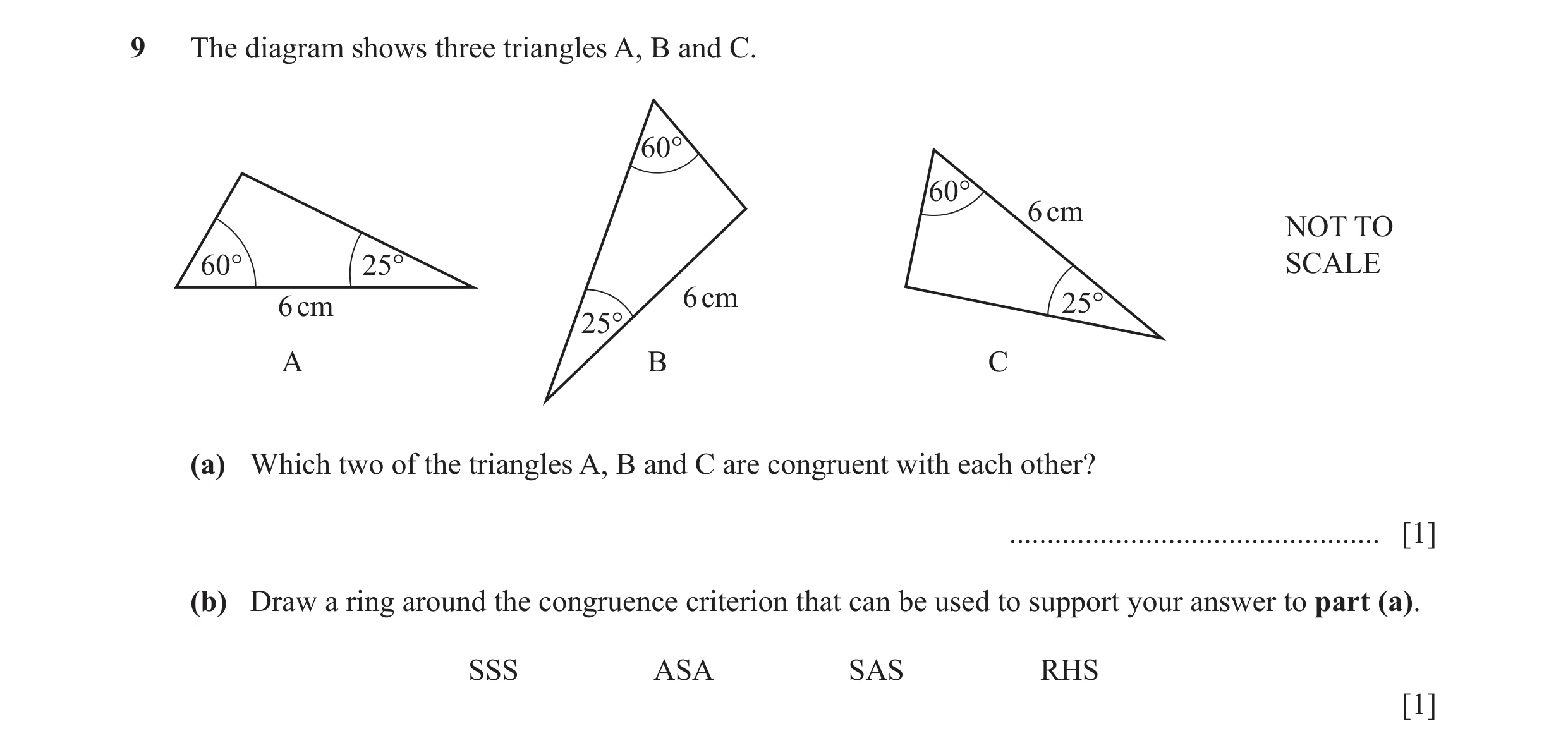 Question 21: The diagram shows three triangles A, B and C. 60° 60° 6 cm NOT TO 60° 25° SCALE 6 cm 25° 6 cm 25° A B C (a) Which two of the triangles A, B…