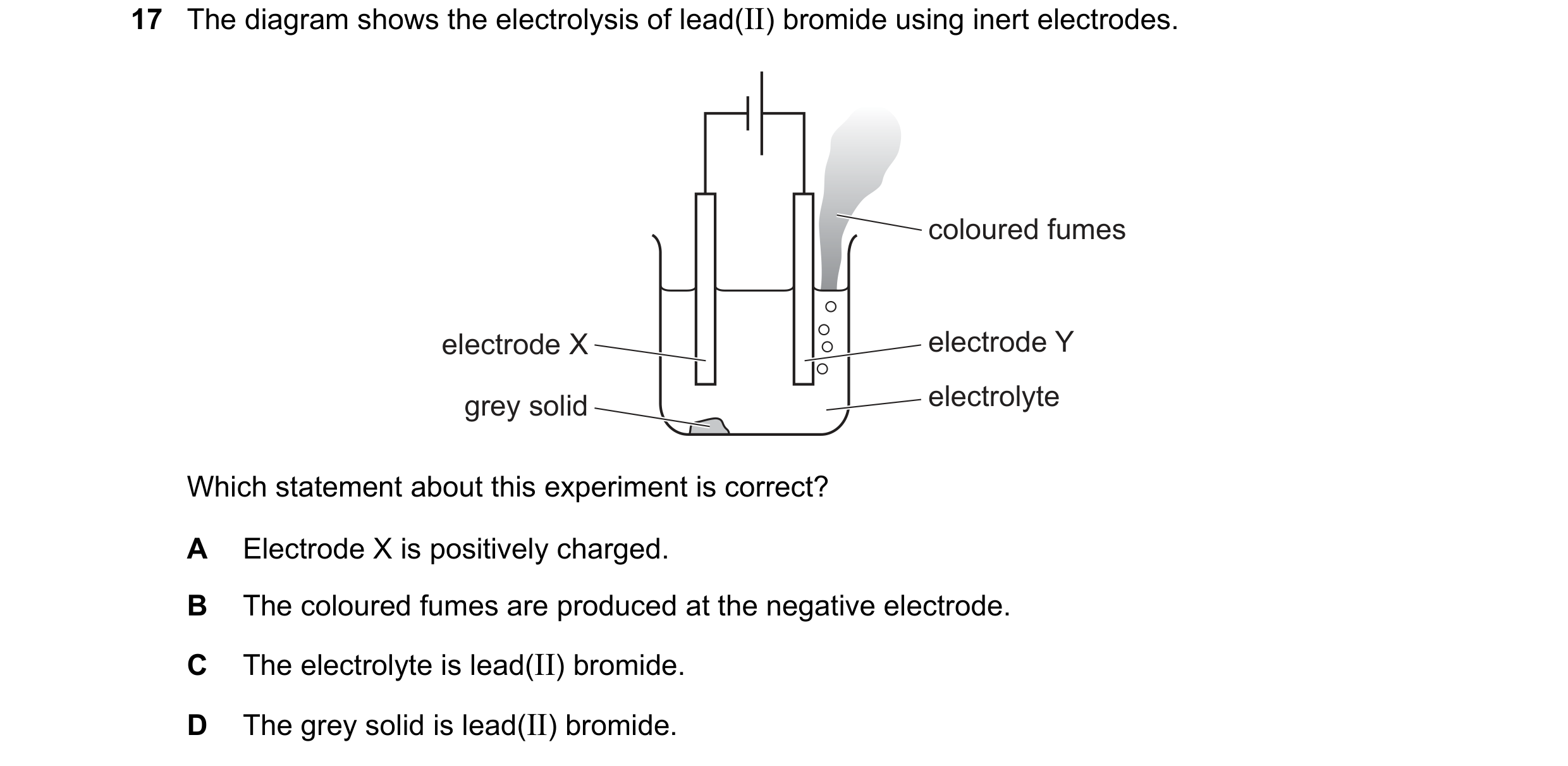 Question 16: The diagram shows the electrolysis of lead(II) bromide using inert electrodes. coloured fumes electrode X electrode Y grey solid electrolyt…