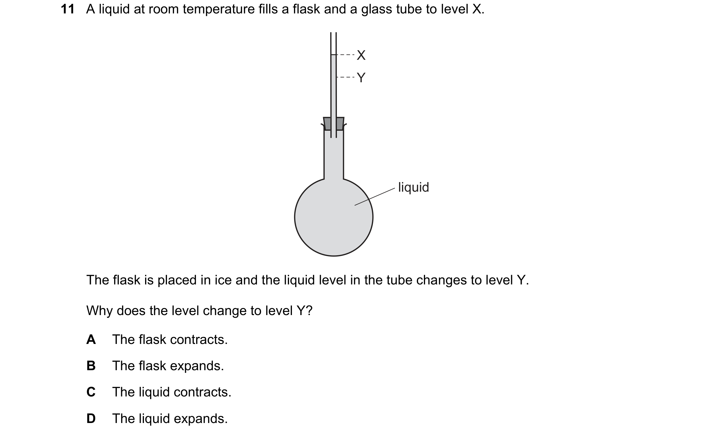 Question 36: A liquid at room temperature fills a flask and a glass tube to level X. X Y liquid The flask is placed in ice and the liquid level in the t…