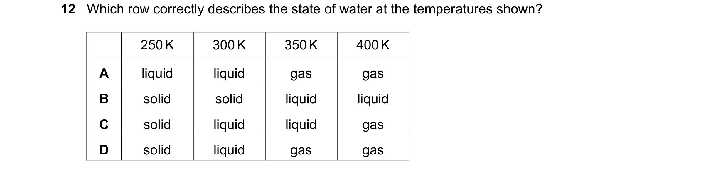 Question 37: Which row correctly describes the state of water at the temperatures shown? 250 K 300 K 350 K 400 K A liquid liquid gas gas B solid solid l…