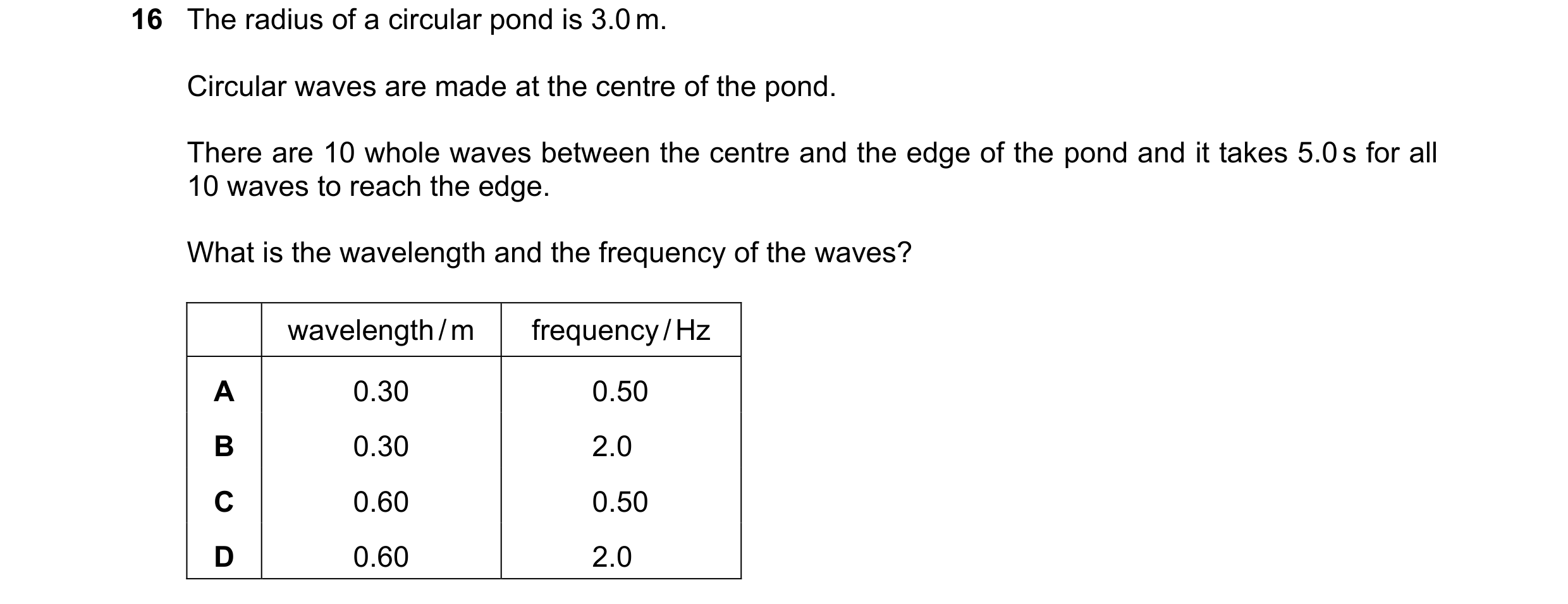 Question 32: The radius of a circular pond is 3.0 m. Circular waves are made at the centre of the pond. There are 10 whole waves between the centre and …