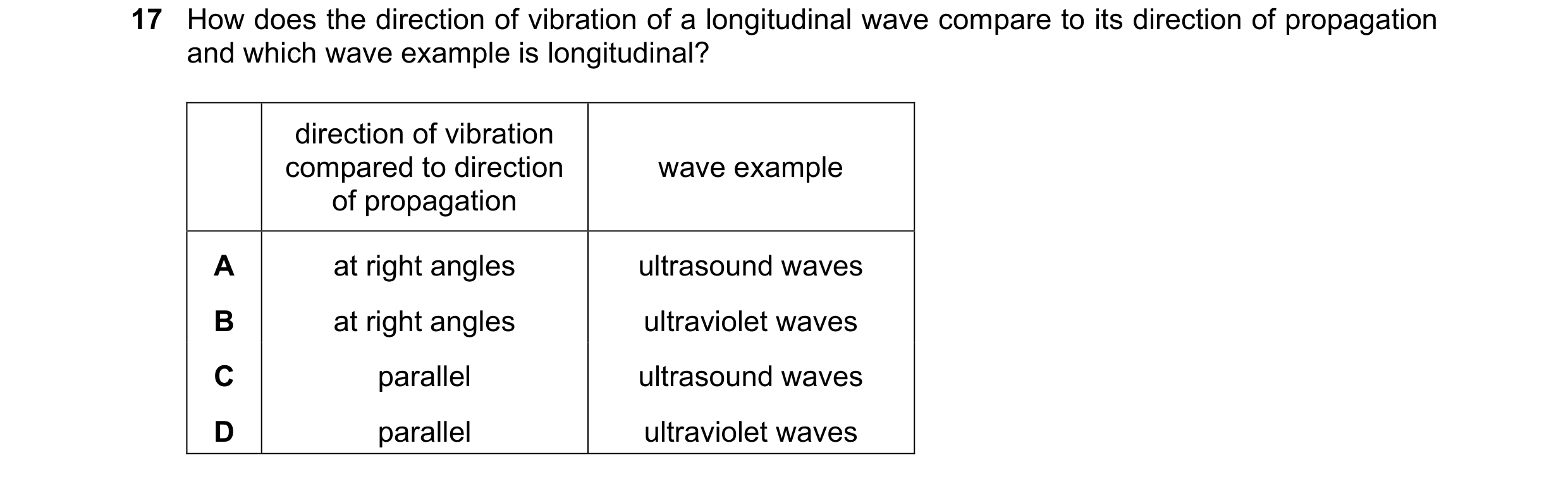 Question 16: How does the direction of vibration of a longitudinal wave compare to its direction of propagation and which wave example is longitudinal? …
