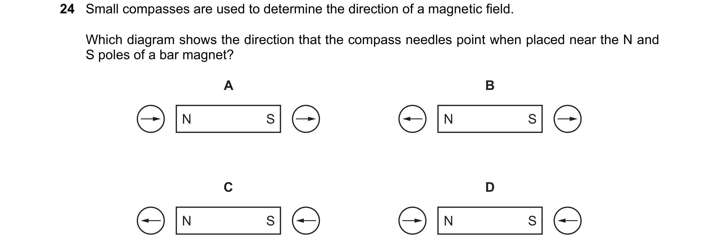 Question 36: Small compasses are used to determine the direction of a magnetic field. Which diagram shows the direction that the compass needles point w…