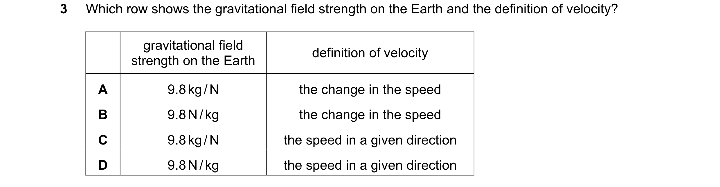 Question 35: Which row shows the gravitational field strength on the Earth and the definition of velocity? gravitational field definition of velocity st…