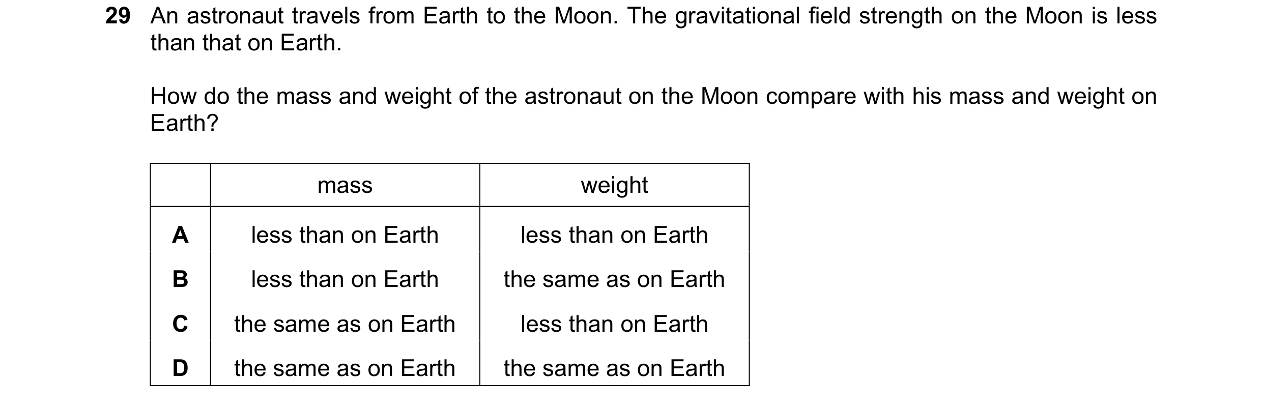 Question 4: An astronaut travels from Earth to the Moon. The gravitational field strength on the Moon is less than that on Earth. How do the mass and w…