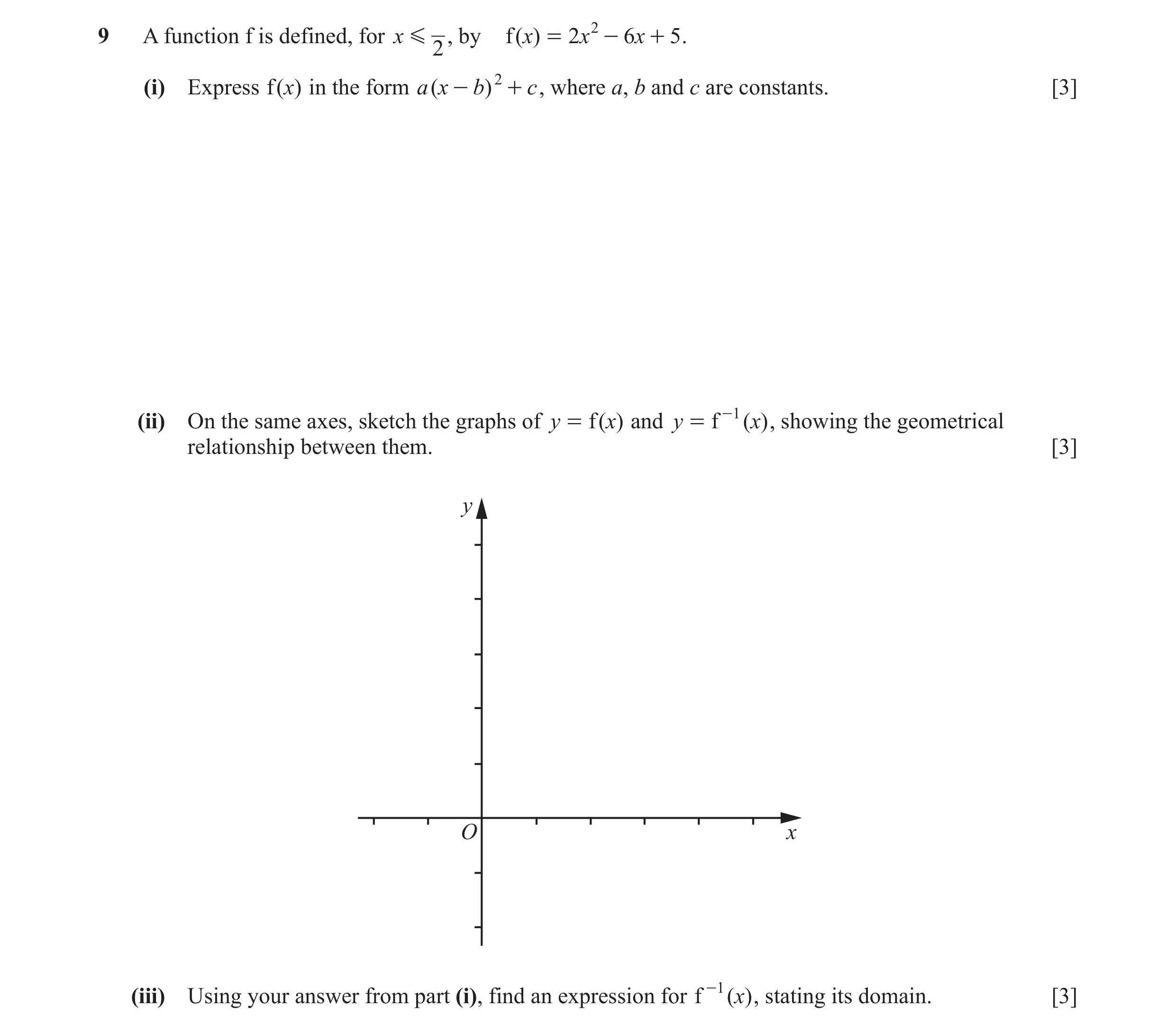 Question 2: A function f is defined, for x G , by f ( x) = 2 x 2 - 6x + 5 . 2 (i) Express f ( x) in the form a ( x - b) 2 + c , where a, b and c are co…