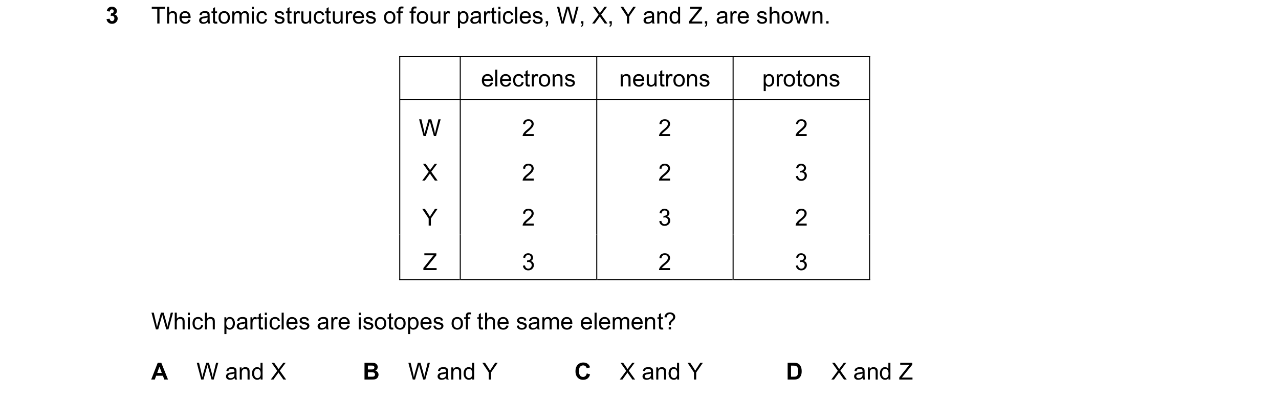 Question 9: The atomic structures of four particles, W, X, Y and Z, are shown. electrons neutrons protons W 2 2 2 X 2 2 3 Y 2 3 2 Z 3 2 3 Which particl…