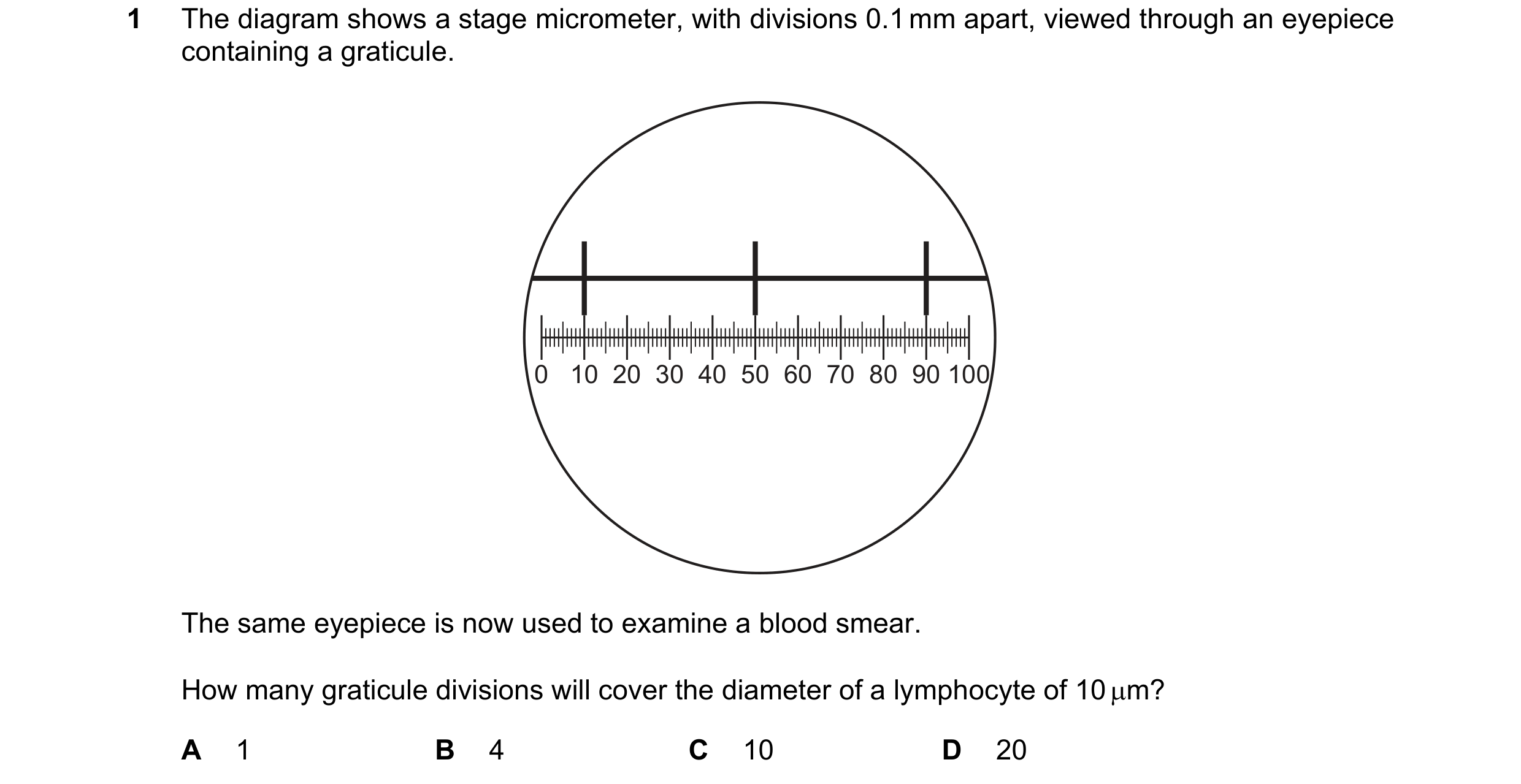 Question 198: The diagram shows a stage micrometer, with divisions 0.1 mm apart, viewed through an eyepiece containing a graticule. 0 10 20 30 40 50 60 7…