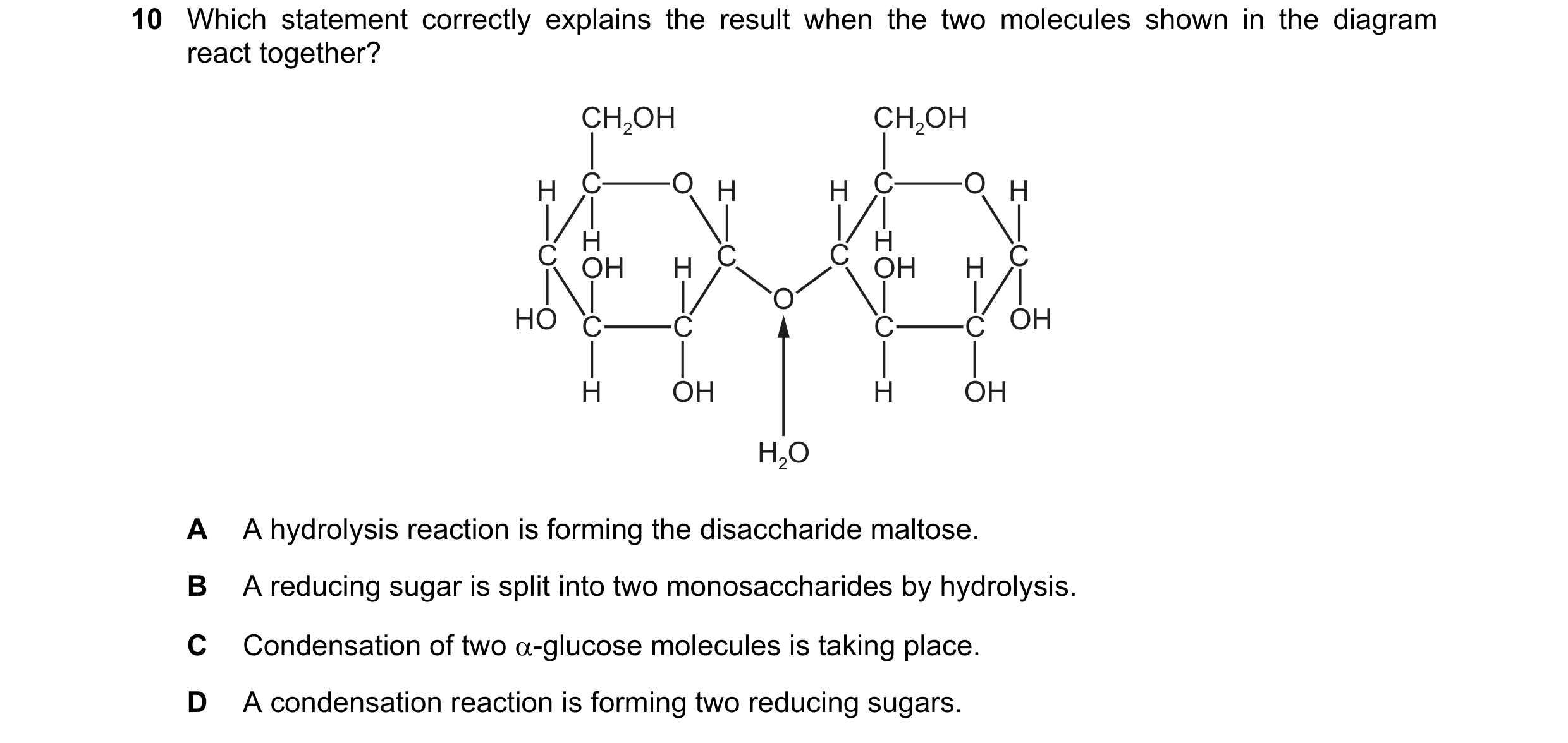 Question 359: Which statement correctly explains the result when the two molecules shown in the diagram react together? CH2OH CH2OH H C O H H C O H H H C…