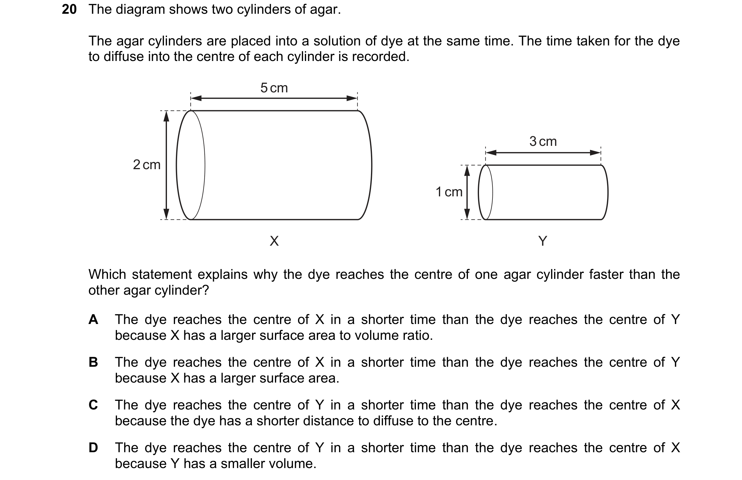 Question 259: The diagram shows two cylinders of agar. The agar cylinders are placed into a solution of dye at the same time. The time taken for the dye …