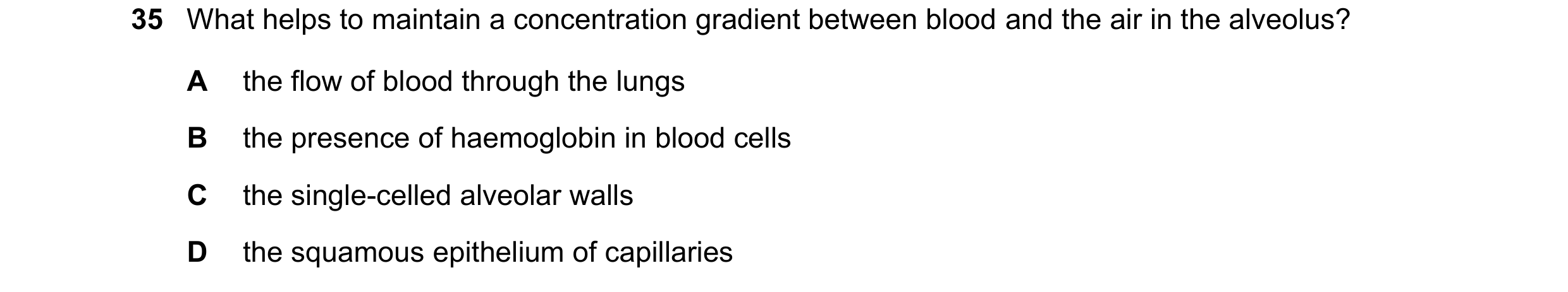 Question 164: What helps to maintain a concentration gradient between blood and the air in the alveolus? A the flow of blood through the lungs B the pres…