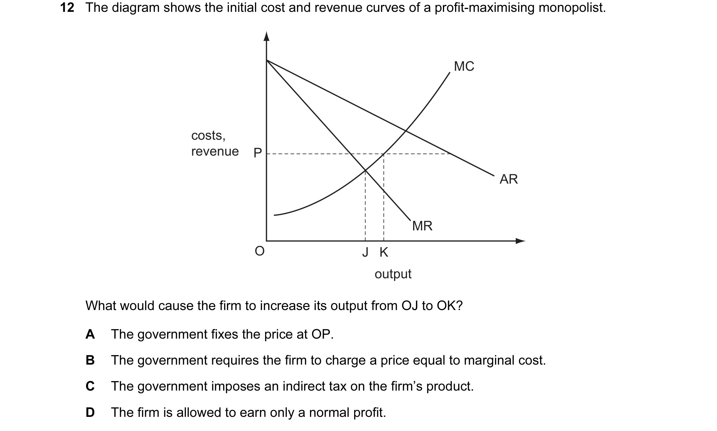 Question 78: The diagram shows the initial cost and revenue curves of a profit-maximising monopolist. MC costs, revenue P AR MR O J K output What would …