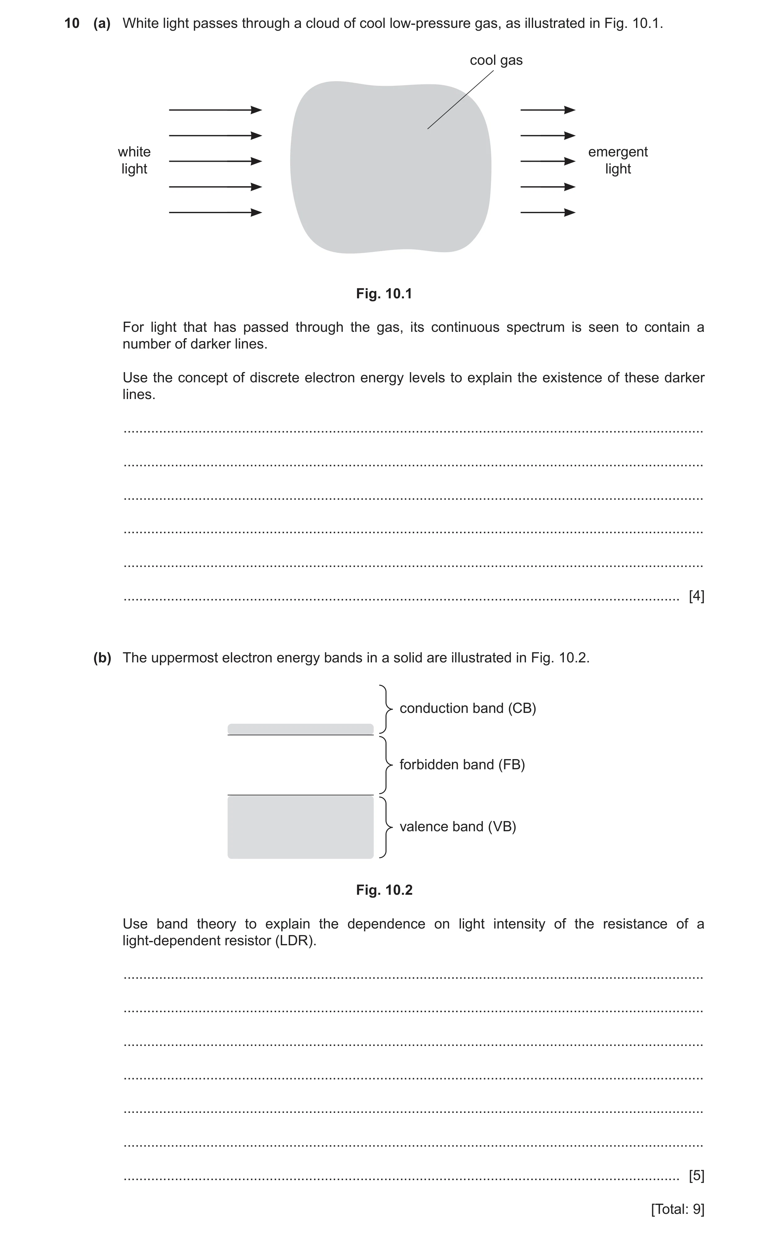 Question 6: (a) White light passes through a cloud of cool low-pressure gas, as illustrated in Fig. 10.1. cool gas white emergent light light Fig. 10.1…