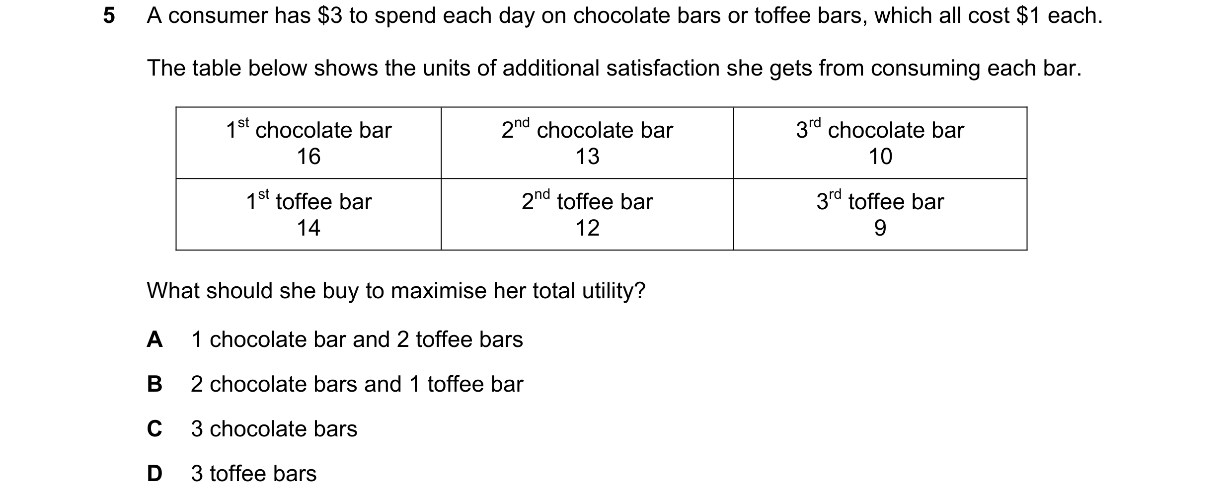 Question 43: A consumer has $3 to spend each day on chocolate bars or toffee bars, which all cost $1 each. The table below shows the units of additional…