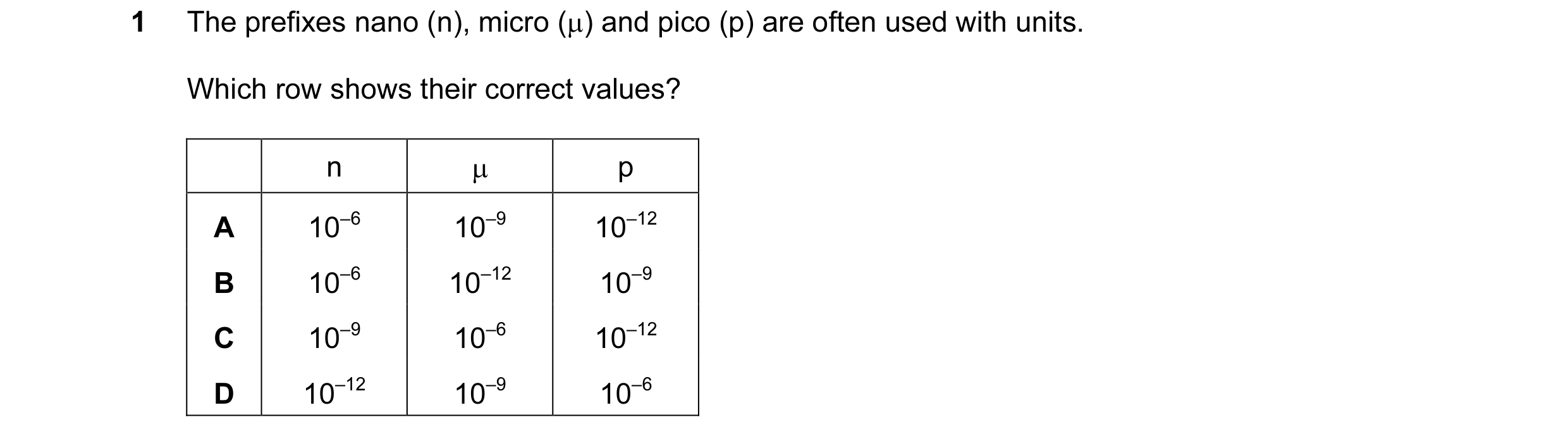 Question 66: The prefixes nano (n), micro (µ) and pico (p) are often used with units. Which row shows their correct values? n µ p A 10–6 10–9 10–12 B 10…