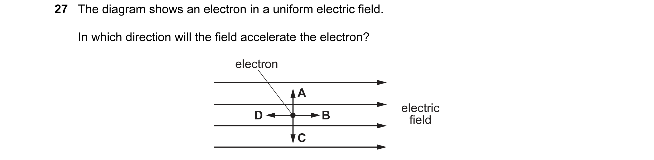 Question 79: The diagram shows an electron in a uniform electric field. In which direction will the field accelerate the electron? electron A electric D…