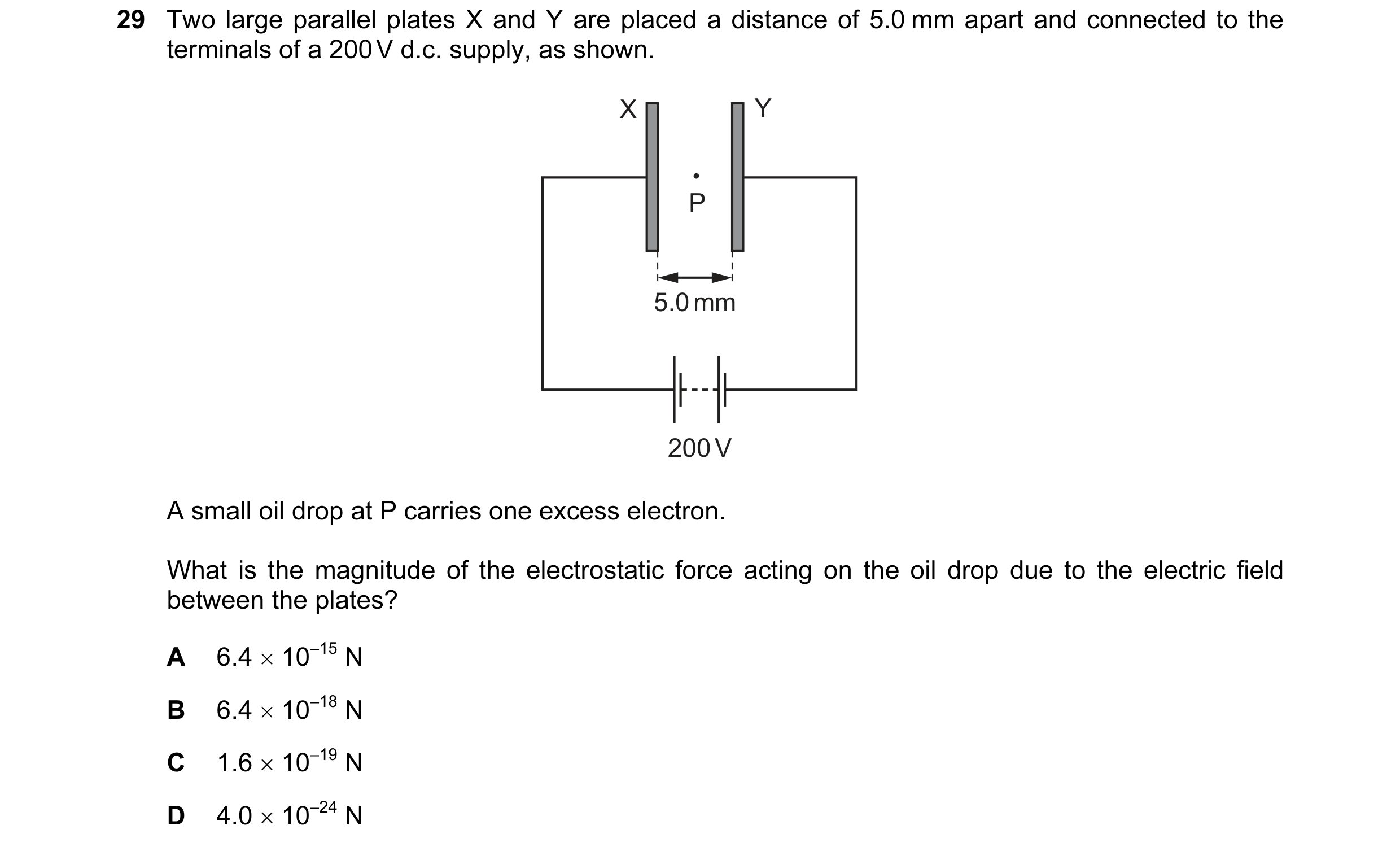 Question 80: Two large parallel plates X and Y are placed a distance of 5.0 mm apart and connected to the terminals of a 200 V d.c. supply, as shown. X …