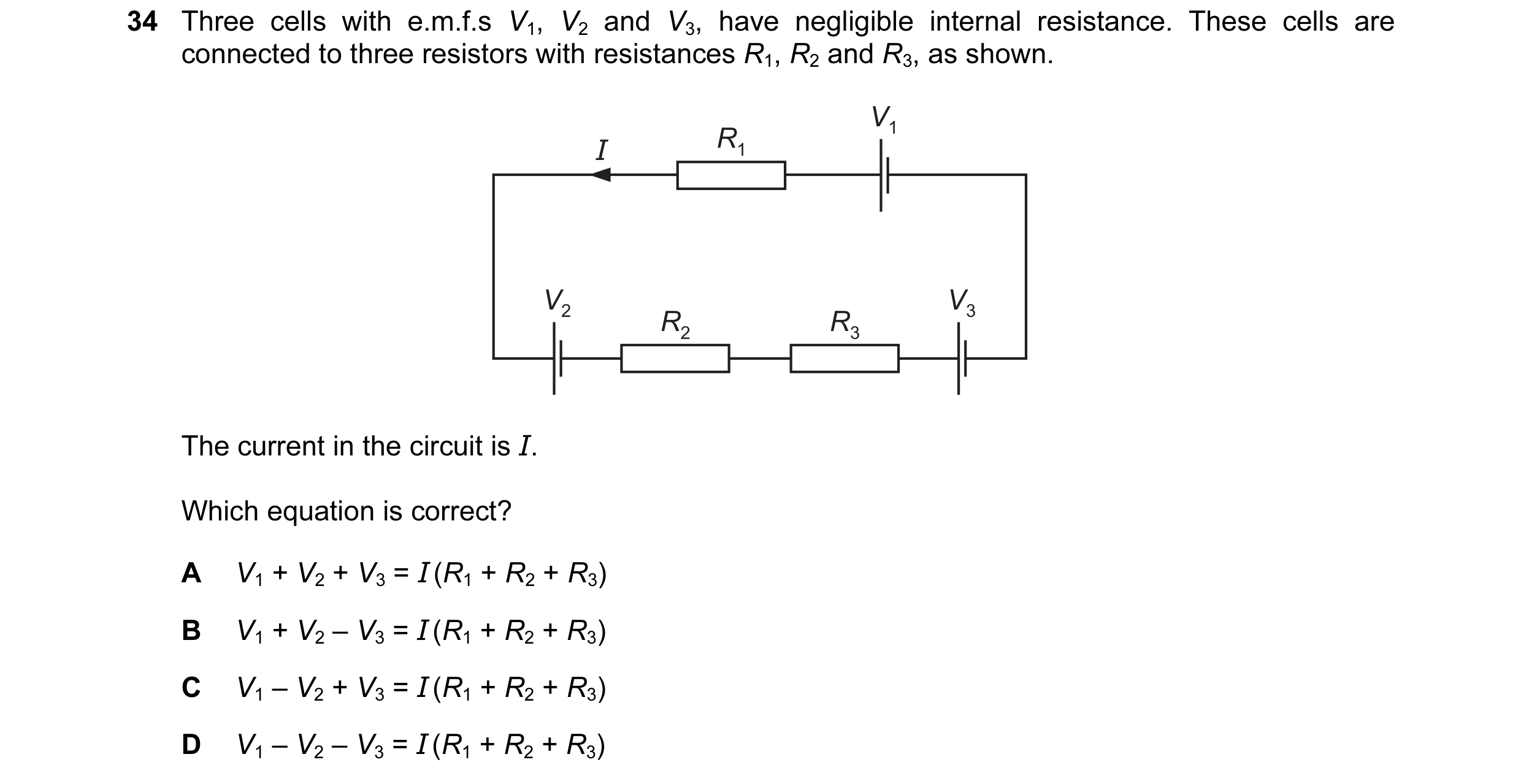 Question 86: Three cells with e.m.f.s V1, V2 and V3, have negligible internal resistance. These cells are connected to three resistors with resistances …