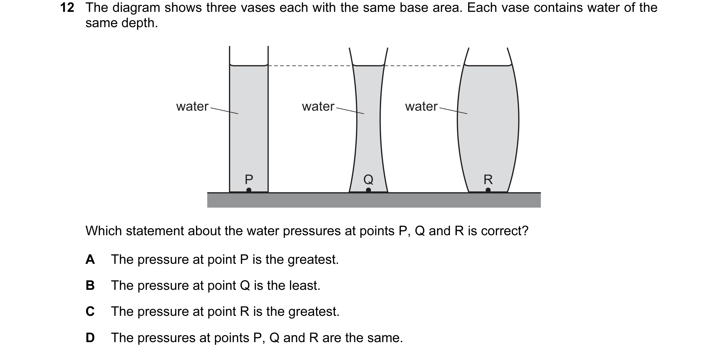 Question 104: The diagram shows three vases each with the same base area. Each vase contains water of the same depth. water water water P Q R Which state…