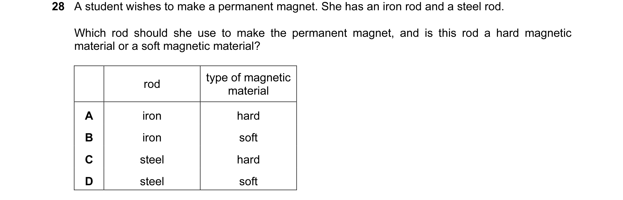 Question 100: A student wishes to make a permanent magnet. She has an iron rod and a steel rod. Which rod should she use to make the permanent magnet, an…