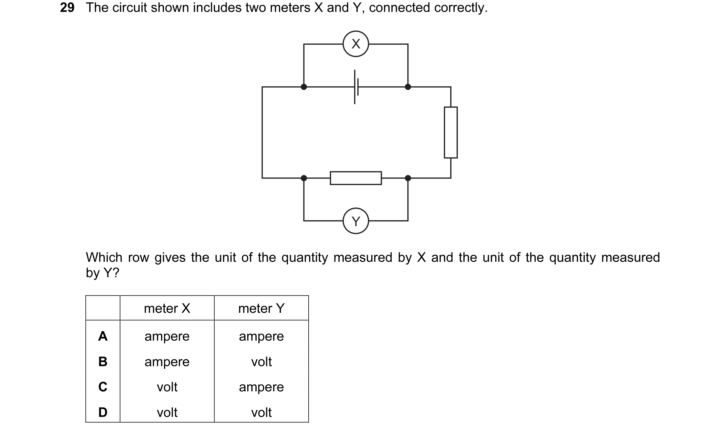 Question 193: The circuit shown includes two meters X and Y, connected correctly. X Y Which row gives the unit of the quantity measured by X and the unit…