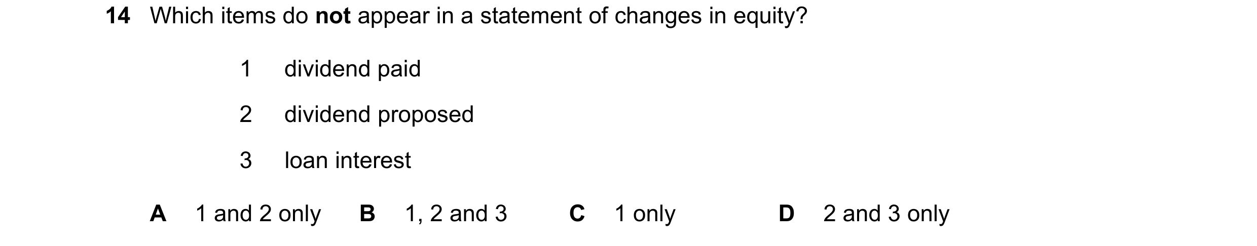 Question 58: Which items do not appear in a statement of changes in equity? 1 dividend paid 2 dividend proposed 3 loan interest A 1 and 2 only B 1, 2 an…