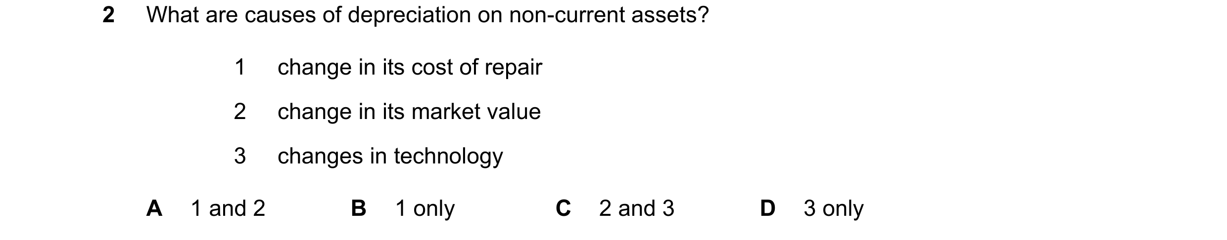 Question 168: What are causes of depreciation on non-current assets? 1 change in its cost of repair 2 change in its market value 3 changes in technology …