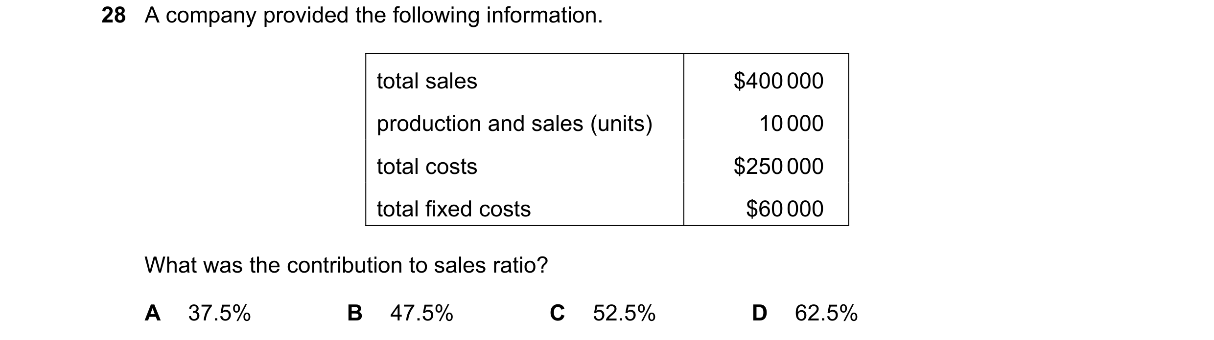 Question 352: A company provided the following information. total sales $400 000 production and sales (units) 10 000 total costs $250 000 total fixed cos…