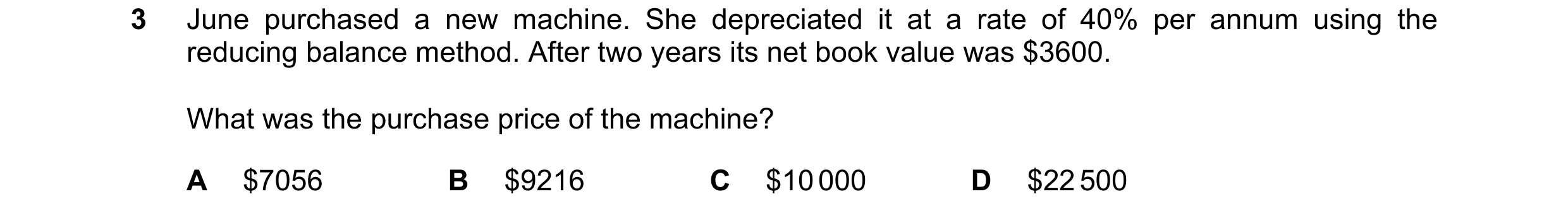 Question 169: June purchased a new machine. She depreciated it at a rate of 40% per annum using the reducing balance method. After two years its net book…