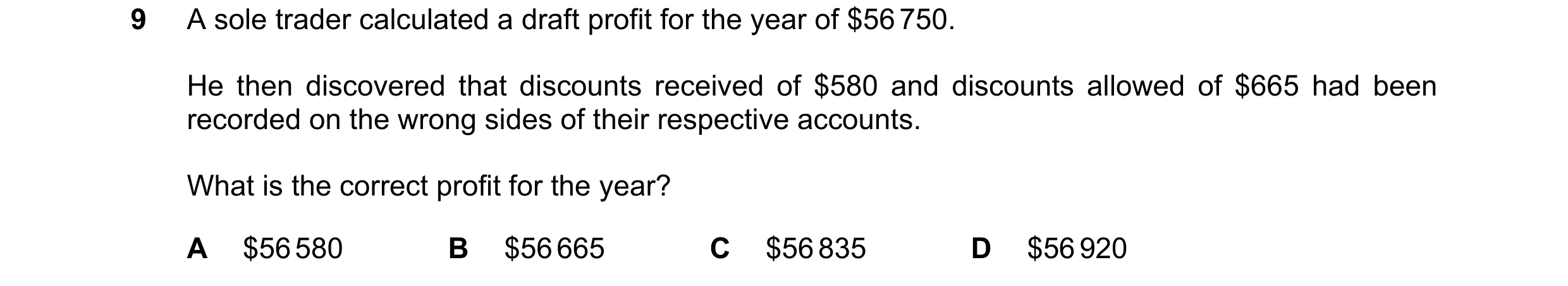 Question 609: A sole trader calculated a draft profit for the year of $56 750. He then discovered that discounts received of $580 and discounts allowed o…