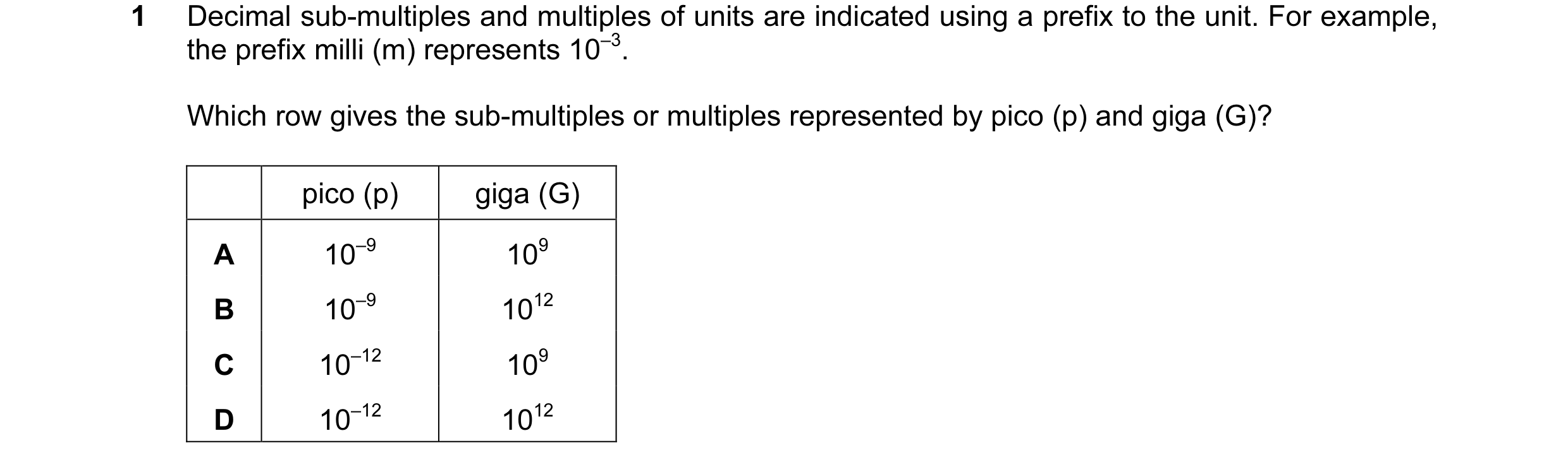 Question 23: Decimal sub-multiples and multiples of units are indicated using a prefix to the unit. For example, the prefix milli (m) represents 10–3. W…