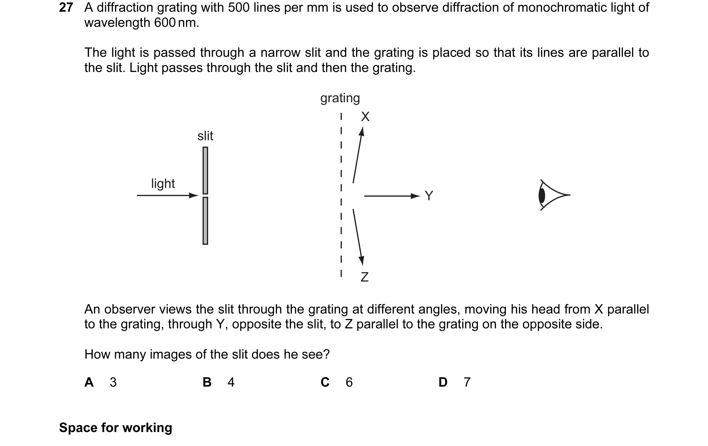 Question 9: A diffraction grating with 500 lines per mm is used to observe diffraction of monochromatic light of wavelength 600 nm. The light is passed…